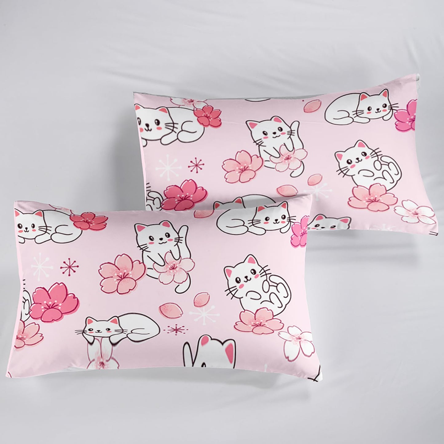 QOOMO 3Pcs Sakura Cats Comforter Set Twin,Floral Bedding Set for Teens Boys Girls,Cherry Blossom Printed Comforter with 2 Pillowcases,Down Alternative,Soft and Lightweight
