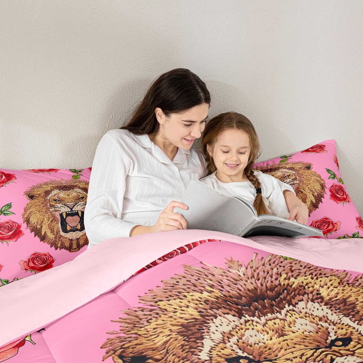 Erosebridal Lion Roses Comforter Set Twin Size Wild Flowers Bedding Set for Kids Girls BoysSafari Animal Comforter Pink Garden Farm Quilt Bedroom Decor