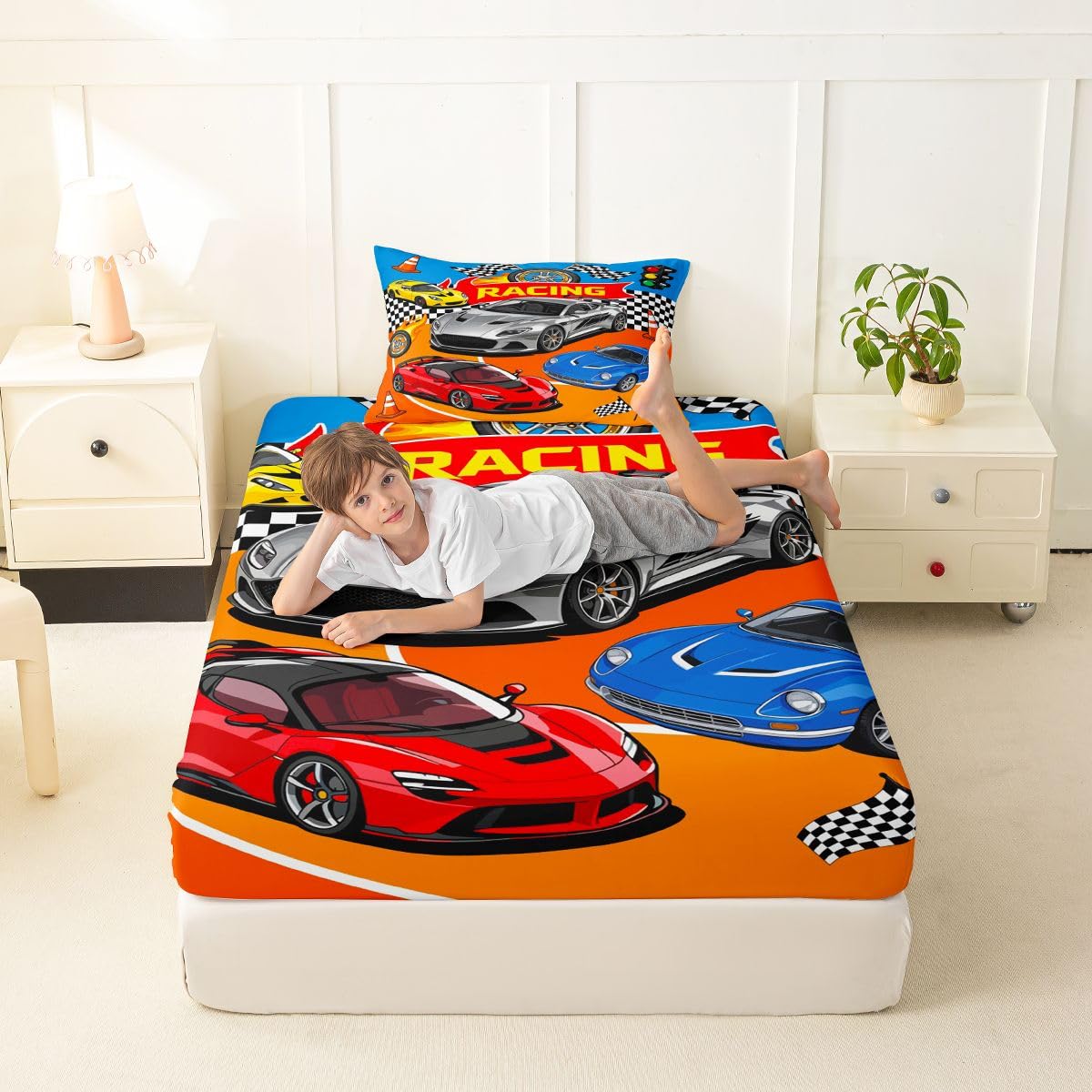 Feelyou Boys Race Car Fitted Sheet Twin Size for Kids Boys Girls Sports Racing Car Bed Sheets Set 16" Deep Pocket Soft Breathable Microfiber Extreme Sports Bedding with 1 Pillowcase Room Decor