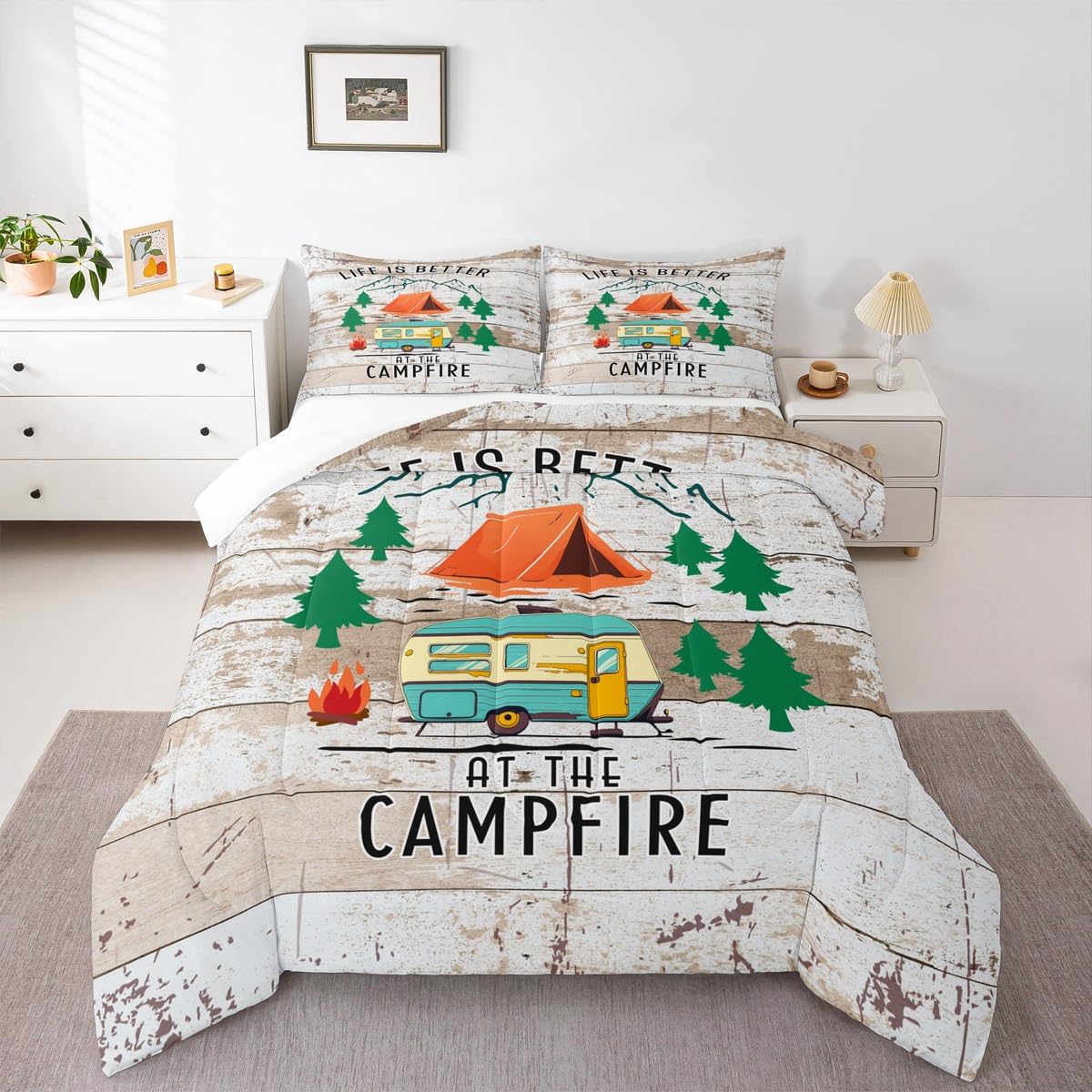 Erosebridal Camper Rv Bedding King,Happy Camping Comforter Set Campfire Decor Bed Sets Rustic Wooden Plank Duvet Insert 3 Pieces