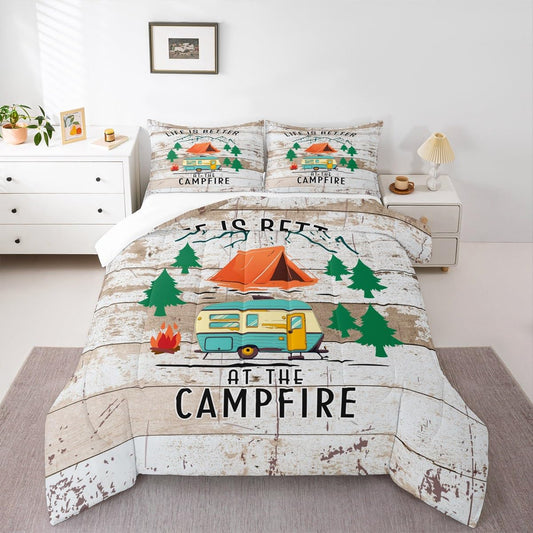 Erosebridal Camper Rv Bedding King,Happy Camping Comforter Set Campfire Decor Bed Sets Rustic Wooden Plank Duvet Insert 3 Pieces