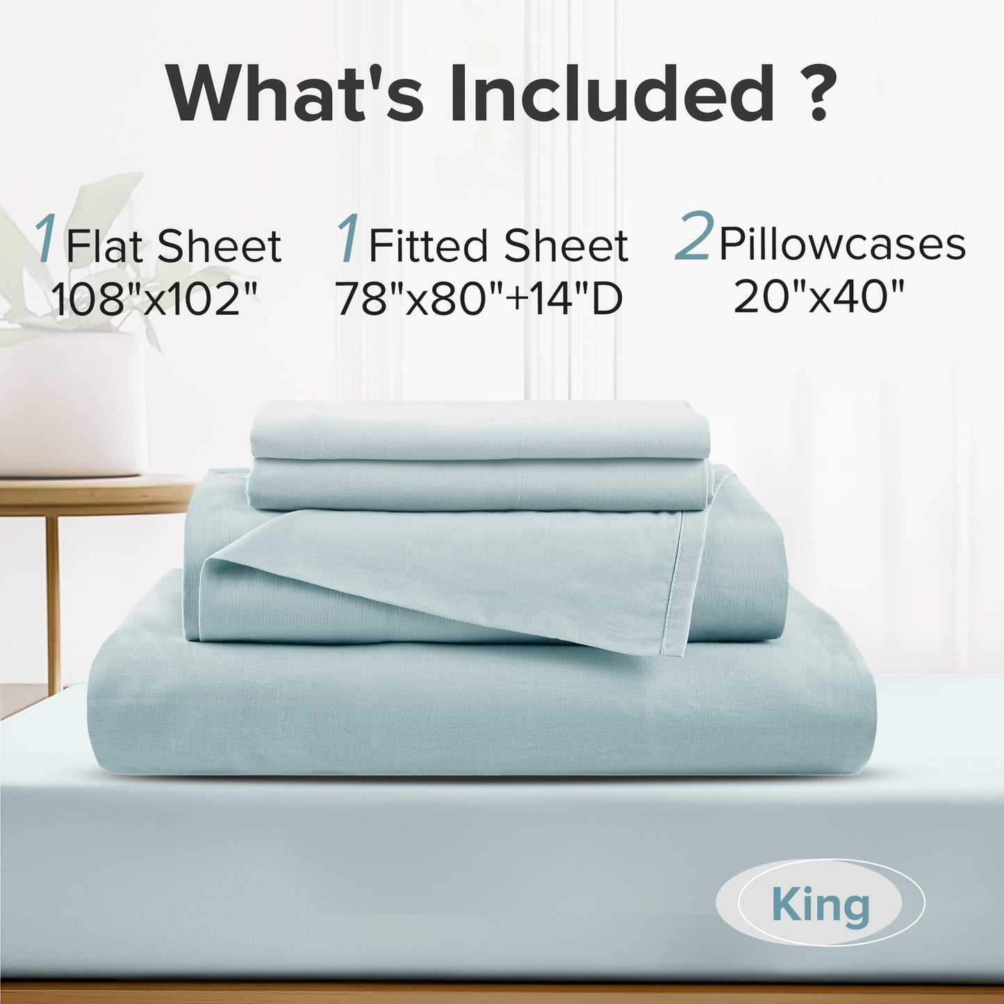 Comfort Spaces 100% Cotton Sheets King, Breathable & Soft Cotton Sheets, Naturally Cool Cotton Bed Sheets with 14" Elastic Pocket Fits up to 16" Mattress, All Season Sheet Set, Light Blue 4 Piece