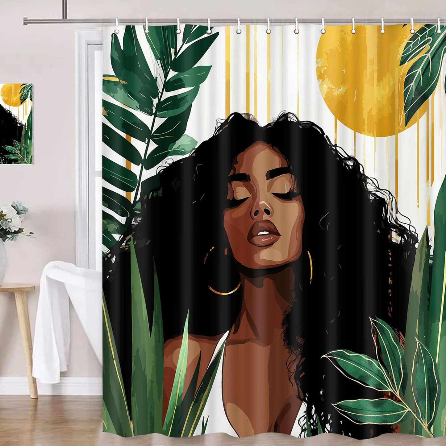 African American Woman Shower Curtain, Sexy Black Girl Lady Bathroom Shower Curtain, Boho Minimalist Art Green Tropical Plant Leaves Modern Bathroom Curtain Set Accessories Decor with Hooks 70X70Inch