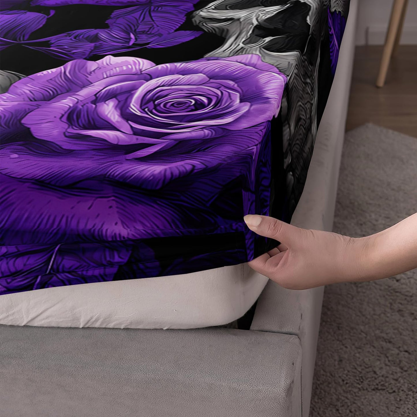 HOSIMA Death Skull Fitted Sheet Full,Skull Head and Flowers Printed Gothic Bedding,Horror Themed Floral Bedding for Girls Women Halloween Room Decor,1 Fitted Sheet+2 Pillowcases.
