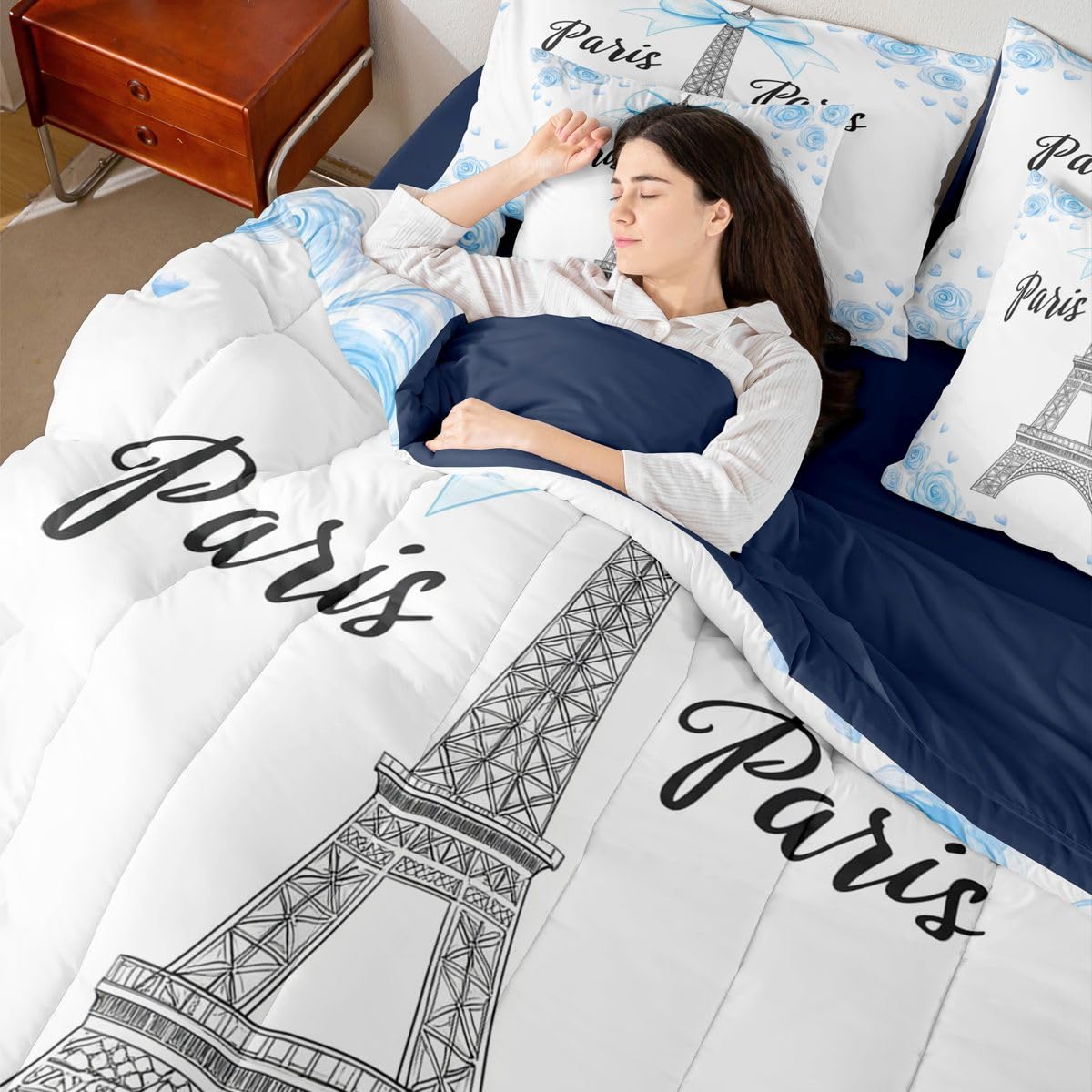 Erosebridal Blue Bow Tie Twin Bedding Sets for Girls Eiffel Tower 7 Piece Comforter Set with Sheets Rose Romantic Paris France Bed in A Bag Princess Bowknot Bed Set