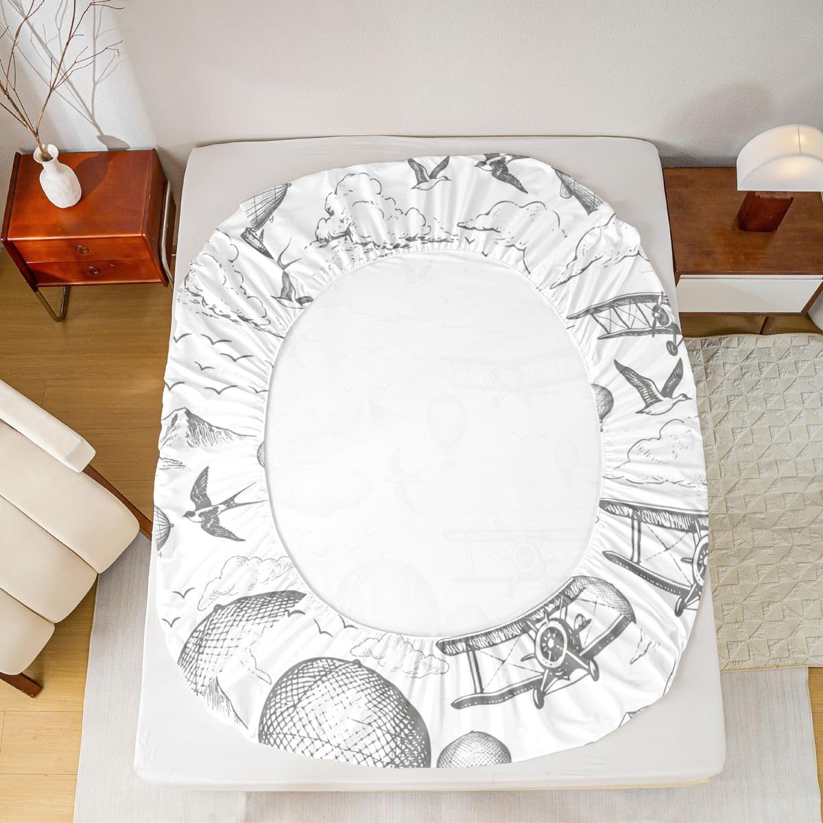 Airplane Hot Air Ballon Fitted Sheet Full Size (No Flat),Aircraft Bedding Set 3Pcs,Kids Boys Teens Room Decor,Sky Cloud Airship Bed Sheets Sketch Grey White Deep Pocket Sheet,2 Pillowcases