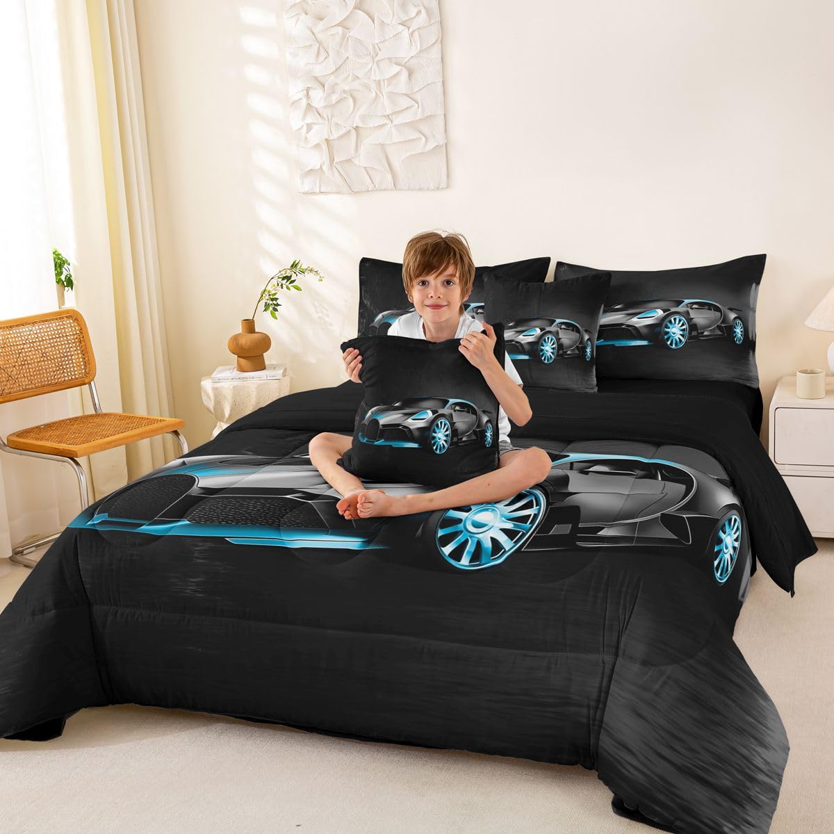 Sports Car 7 Piece Bedding Set Stylish Black Race Car Comforter Set with Sheets for Kids Boys Girls Extreme Sports Theme Bed in a Bag Cool Speed Luxury Car Decor Bed Set with 2 Pillowcases Queen