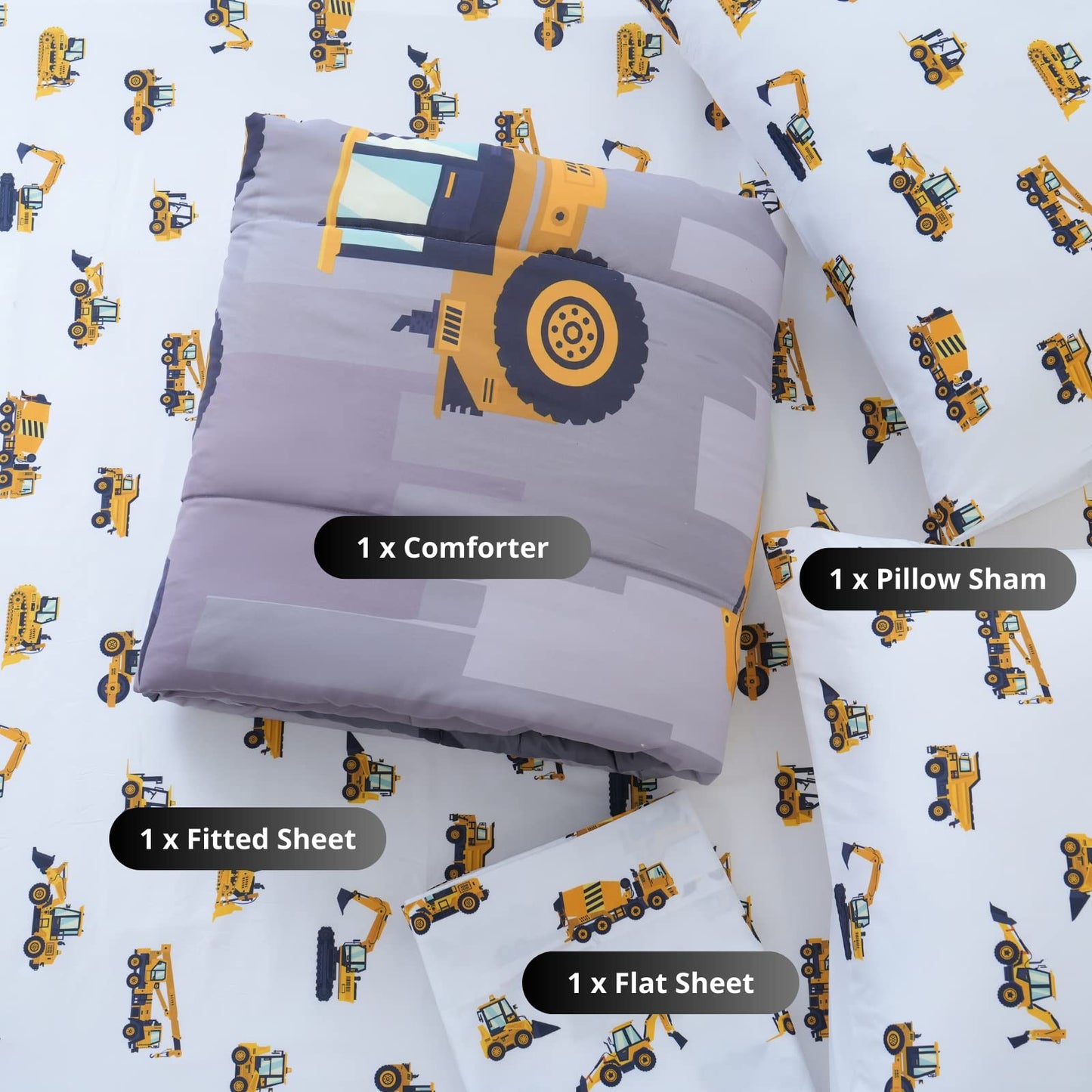 Cokouchyi Twin Size Comforter Set for Boys, 4-Piece Bed in a Bag, 3D Construction Bedding Comforter Sheet Set, Ultra Soft and Fluffy, Cartoon Truck Cars