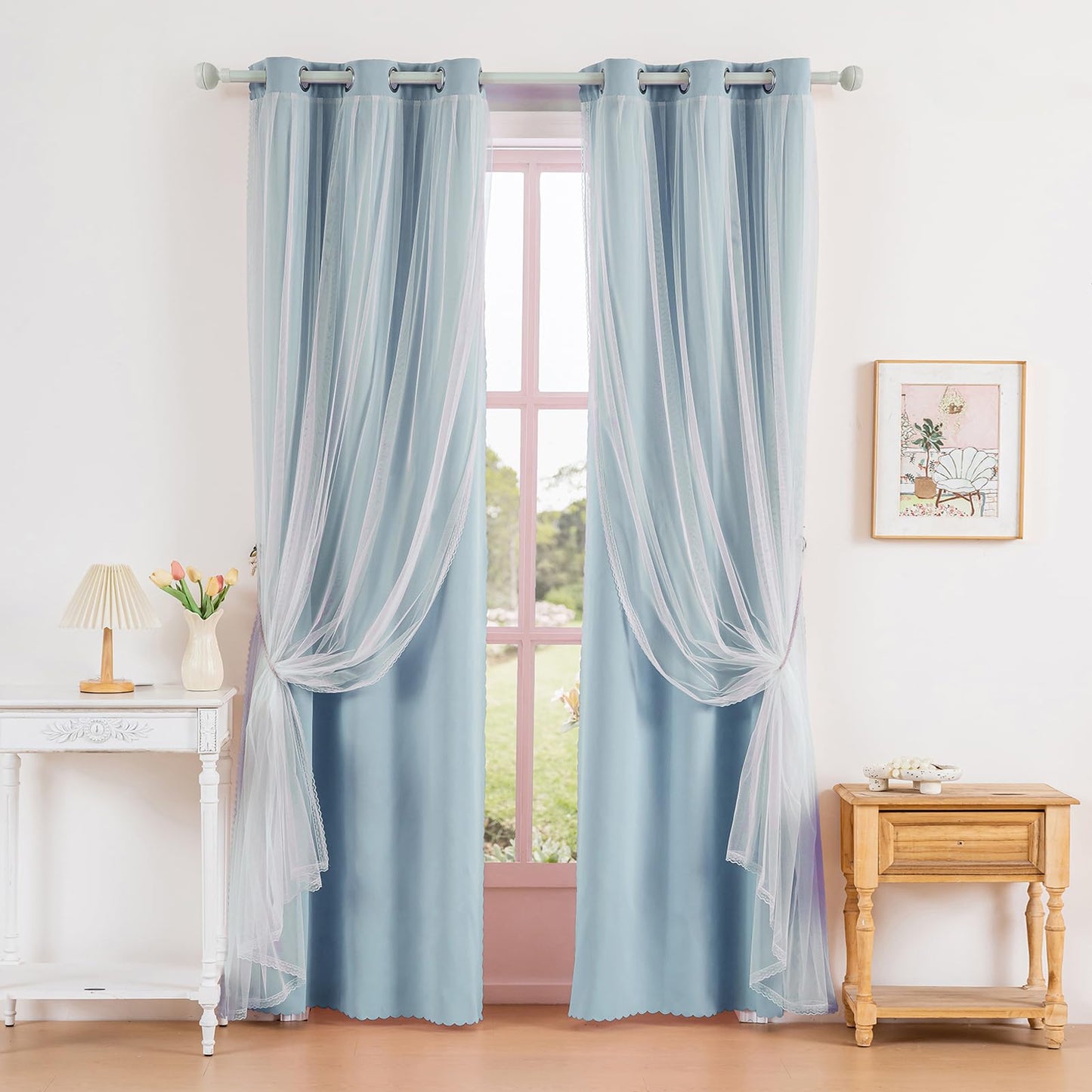 Anytime Home Curtains Blackout and Sheer Layered Solid Window Curtain Panel Pair with Grommet Top, 35Wx90L，Sky Blue