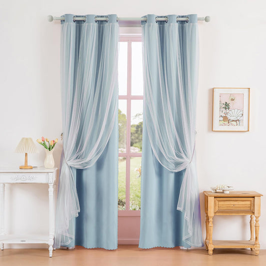Anytime Home Curtains Blackout and Sheer Layered Solid Window Curtain Panel Pair with Grommet Top, 35Wx90L，Sky Blue