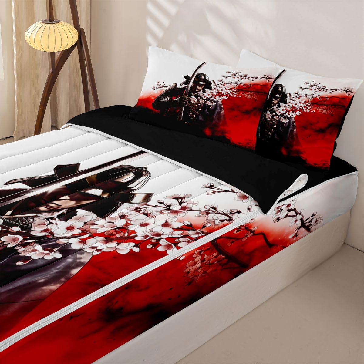 Erosebridal Japanese Samurai Zip Up Bedding Comforter Sets Twin Size, Japan Warrior Comforter in One Zipper - Cherry Blossom Bedding Set with Pillowcases
