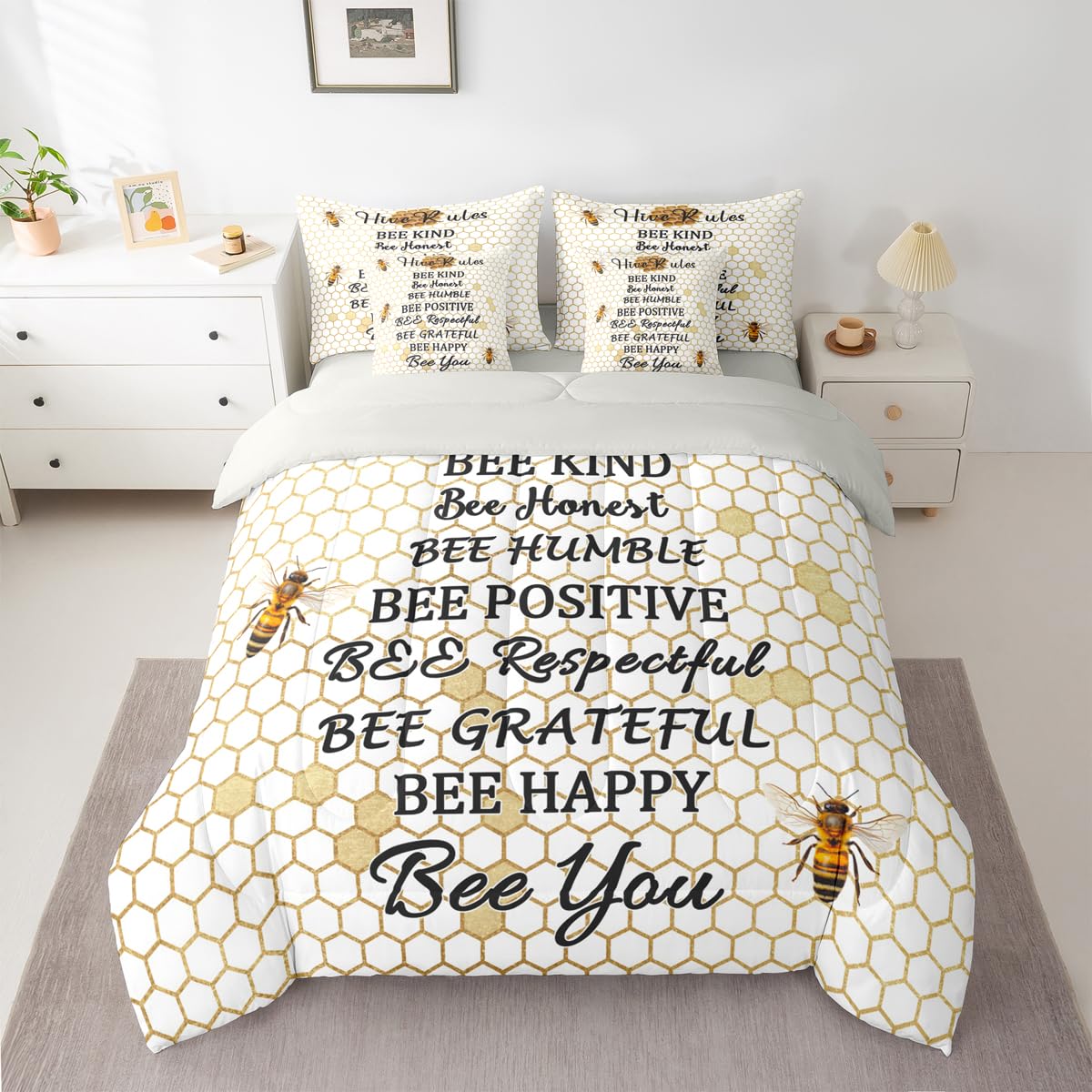 Honeycomb Bed in a Bag Queen Comforter Set 7-Piece | Bee Kind Bee Honest Beehive Bedding Sets Hexagon Geometric Comforter and Sheet Set, Honeybee Bees Funny Hive Rules Room DecorBee Themed Gifts