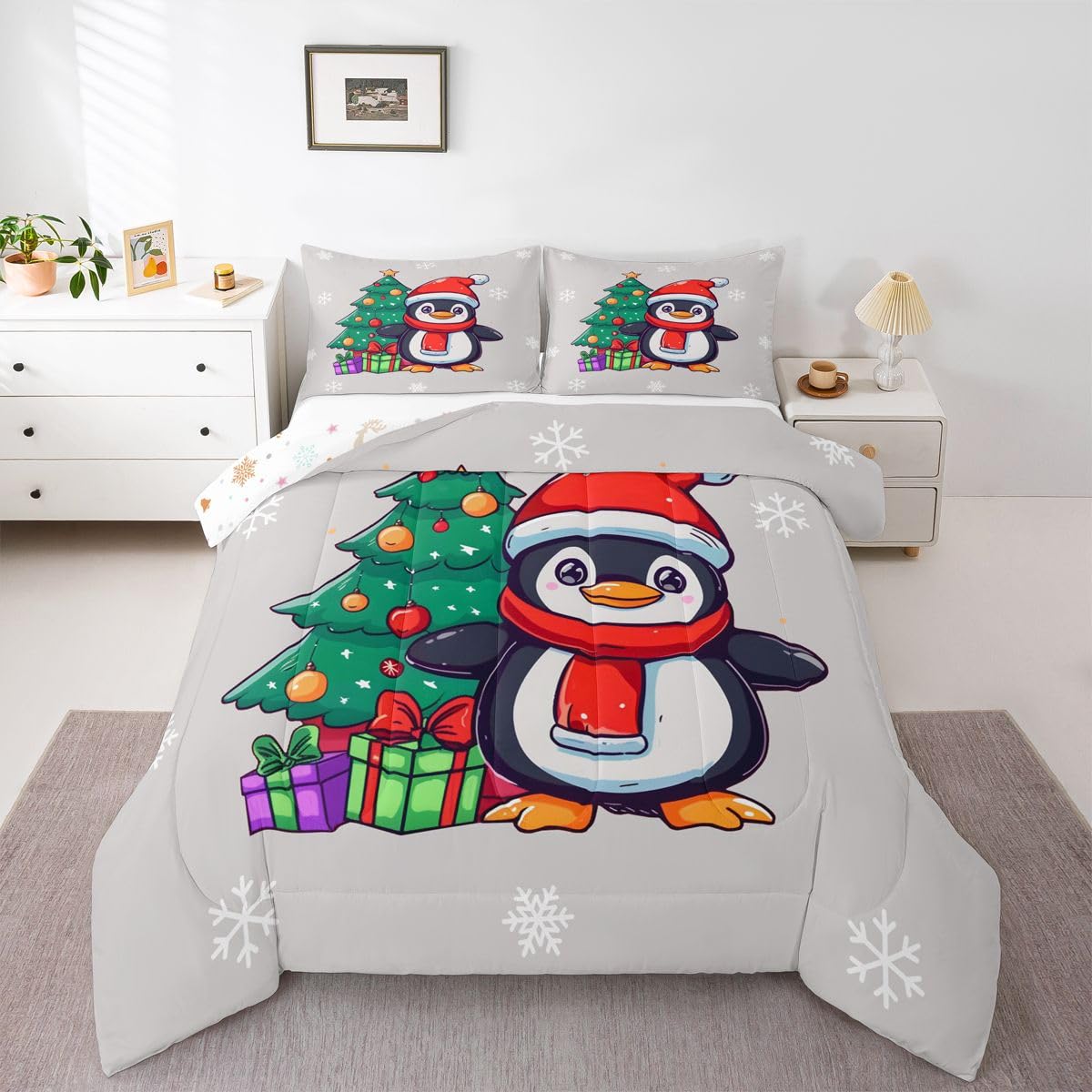 Erosebridal Xmas Penguin Bedding Set Queen Antarctic Animal Print Comforter Set for Kids Boys Girls Santa Hat Penguin Down Comforter,Christmas Tree Snowflake Gifts Quilt Duvet