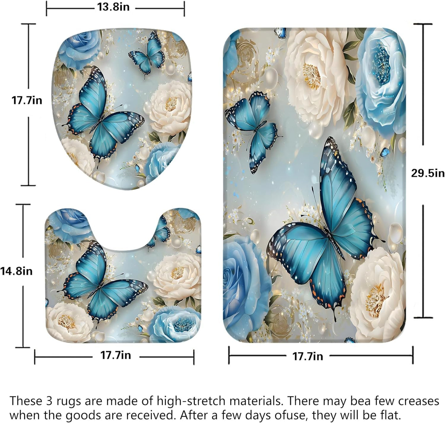 Chrainy 4pcs Shower Curtain Set for Bathroom and Toilet Blue Floral Butterfly Bathroom Decor Sets with Shower Curtain and Accessories Bath Mat,U Shape and Toilet Lid Cover Bathroom Set