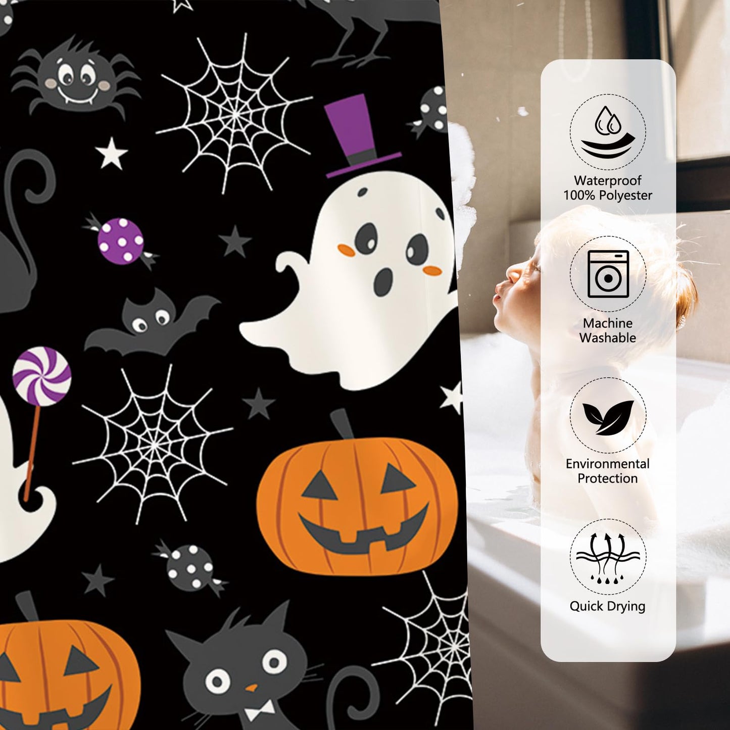 MEHOFOND Halloween Boo Shower Curtain Halloween Bathroom Curtain Skull Bat Spider Bathtubs Decor Washable Durable Polyester Fabric Bathroom Curtains 72x72 in