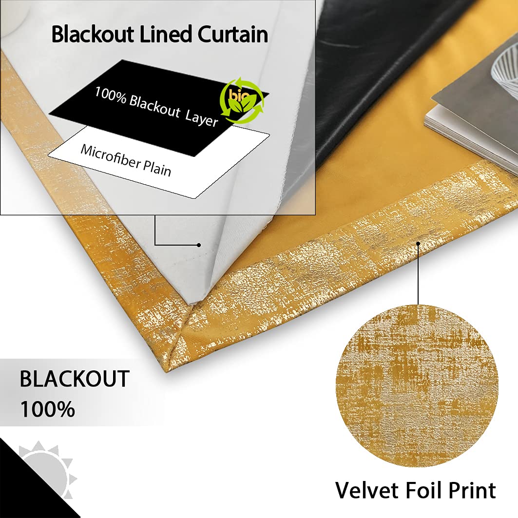 always4u 100% Blackout Soft Velvet Curtains for Bedroom Living Room Thermal Energy Saving 108 Inches Long Luxury Gold Foil Print Drapes 2 Panels Yellow