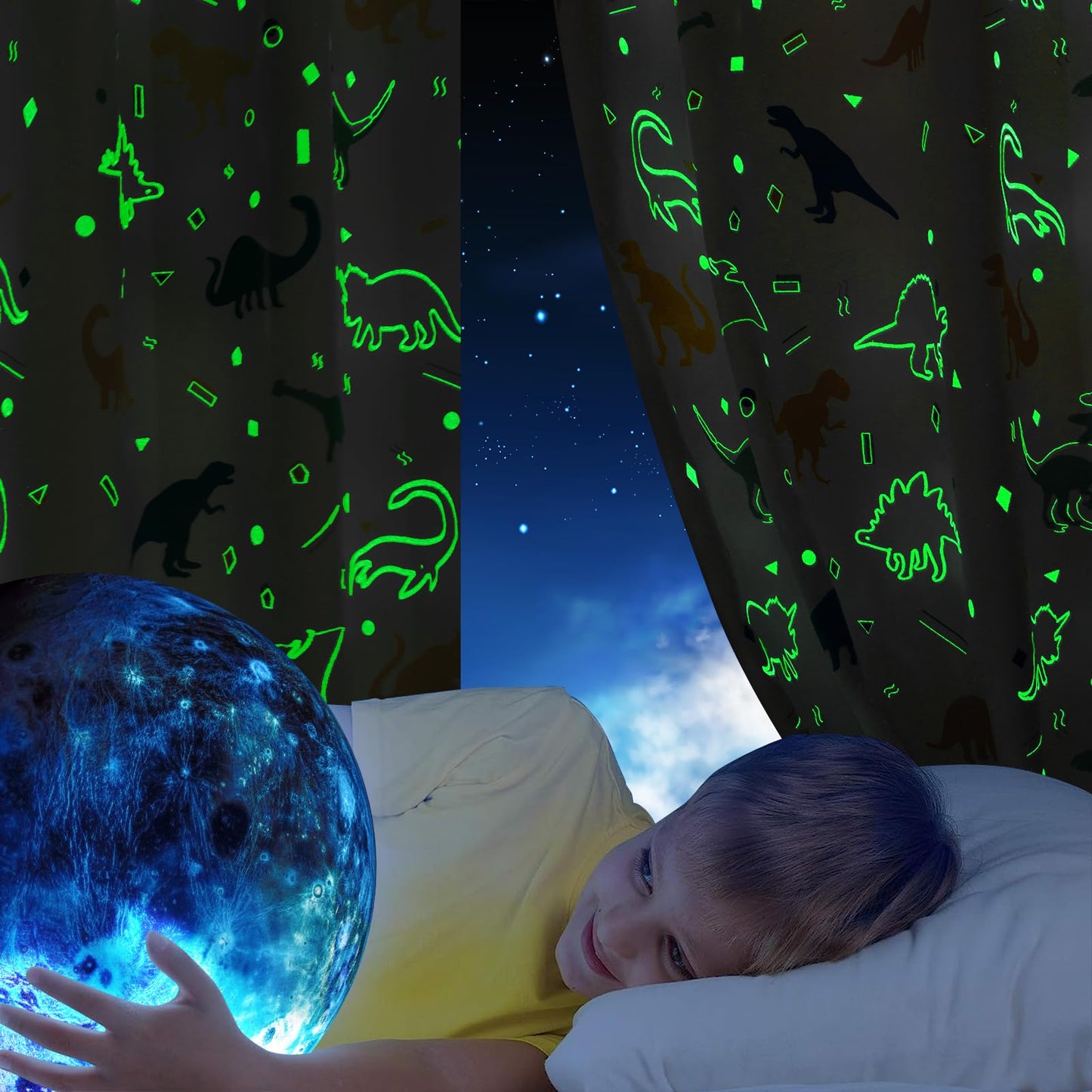 Dinosaur Curtains for Boys Bedroom Glow in the Dark Cartoon Rod Pocket Kids Boys Girls Simple Childish Cute Dino Wildlife Animals Pattern Window Drapes Nursery Bedroom Playroom Living room 2 Panels