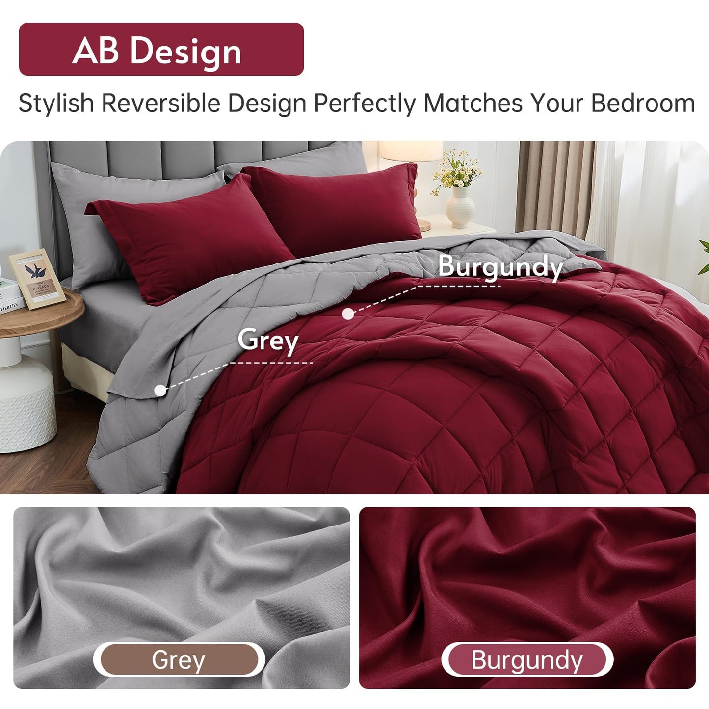 MUXHOMO 7 Pieces Queen Comforter Set, Reversible Bed in a Bag Queen Size, All Season Bedding Set with Comforter, Flat Sheet, Fitted Sheet, Pillowcases & Shams, Burgundy & Grey