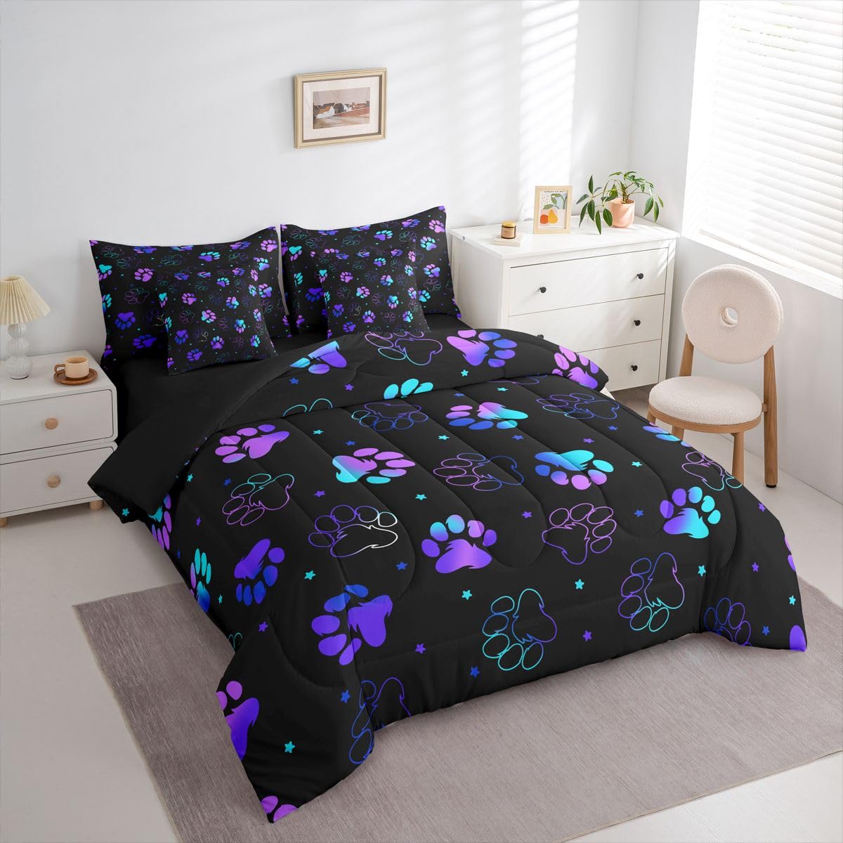 Feelyou Dog Paw Print Comforter Set with Sheets 7 Piece Full Size Pet Animal Bed in a Bag Kids Boys Girls Puppy Dog Bedding Set Cute Bedroom Decor Kawaii Breathable Soft Lightweight Microfiber