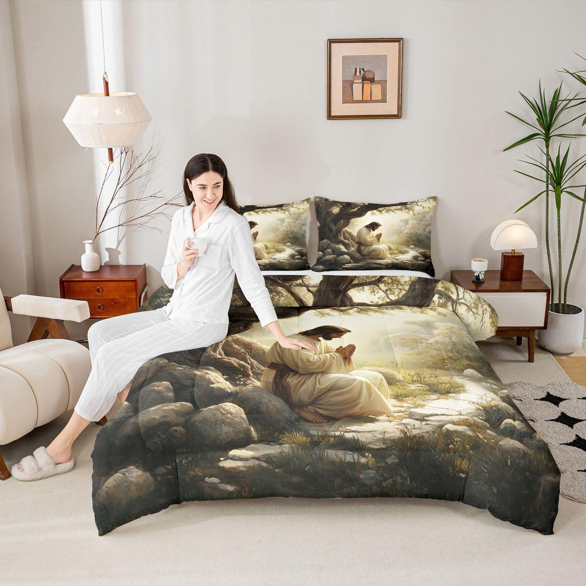 God Praying Kids Comforter Set Twin Size,Spiritual Western Bible Verse Bedding Set Boys Girls Room Decor,The Garden Of Gethsemane Quilt Comforter,Gray Yellow Duvet Set Bedroom Quilt Set,1 Pillowcase