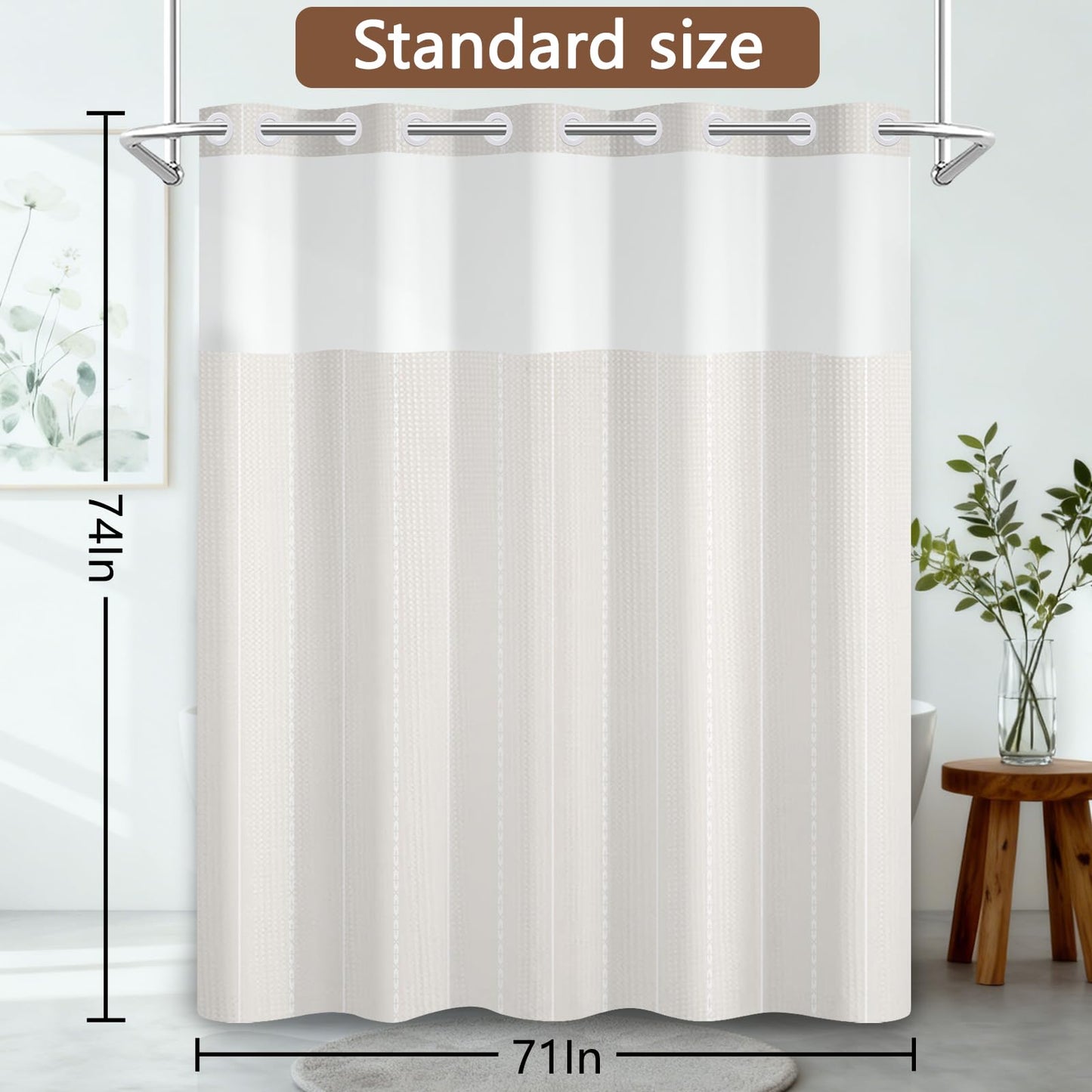 NAEMBCU No Hook Waffle Shower Curtain with Snap-in Liner 71x74 Inch
