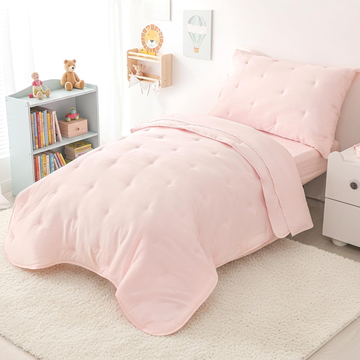 DreLunis Pink Toddler Bedding Sets for Girls, 4 Pieces Bed-in-a-Bag for Toddler Girl, Soft Microfiber Lightweight Breathable Toddler Bed Comforter with Flat Sheet, Fitted Sheet, Envelope Pillowcase