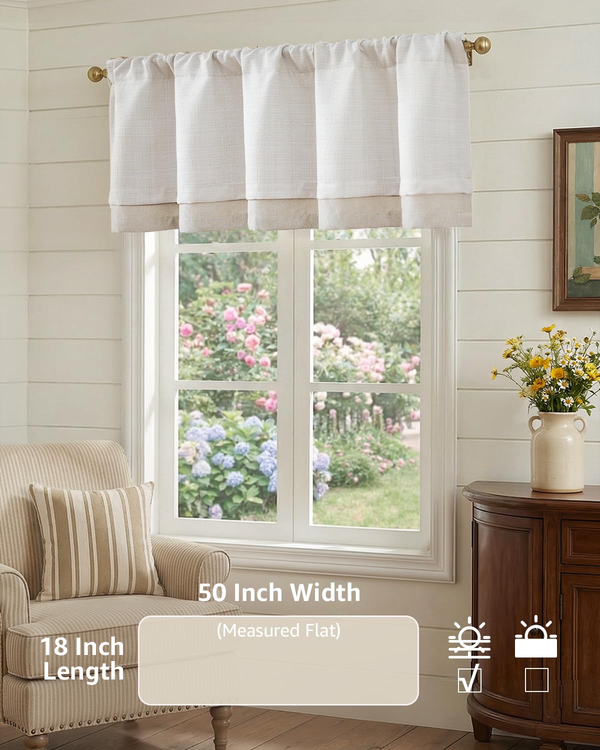 jinchan Faux Linen Valance Kitchen Curtain Light Filter Double Layer 18in