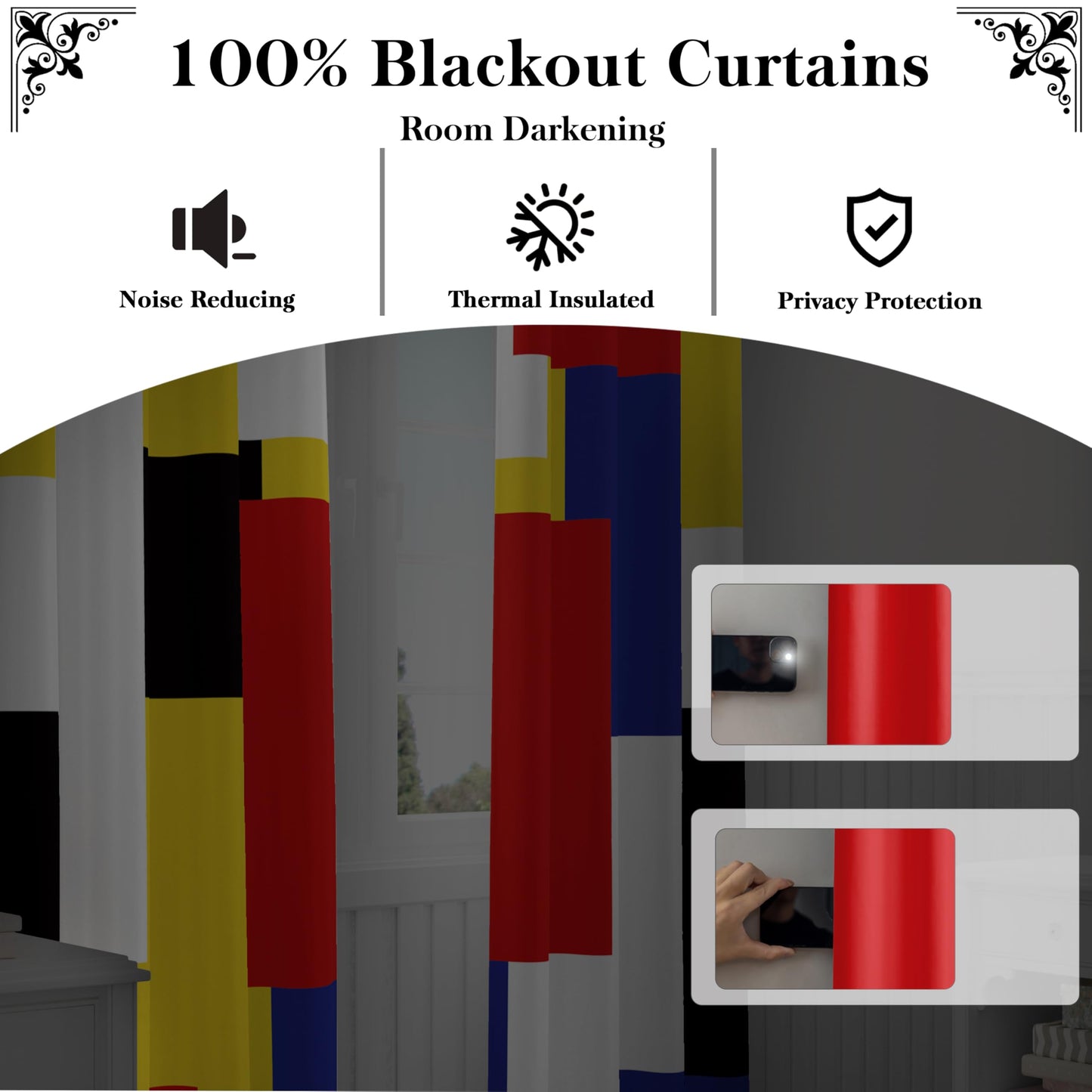 Tyrot Colorful 100% Blackout Curtains for Bedroom 63 inch Long 2 Panels Set Red Yellow Modern Abstract Geometric Black Out Curtains Insulated Room Darkening Window Drapes for Living Room, 52Wx63L