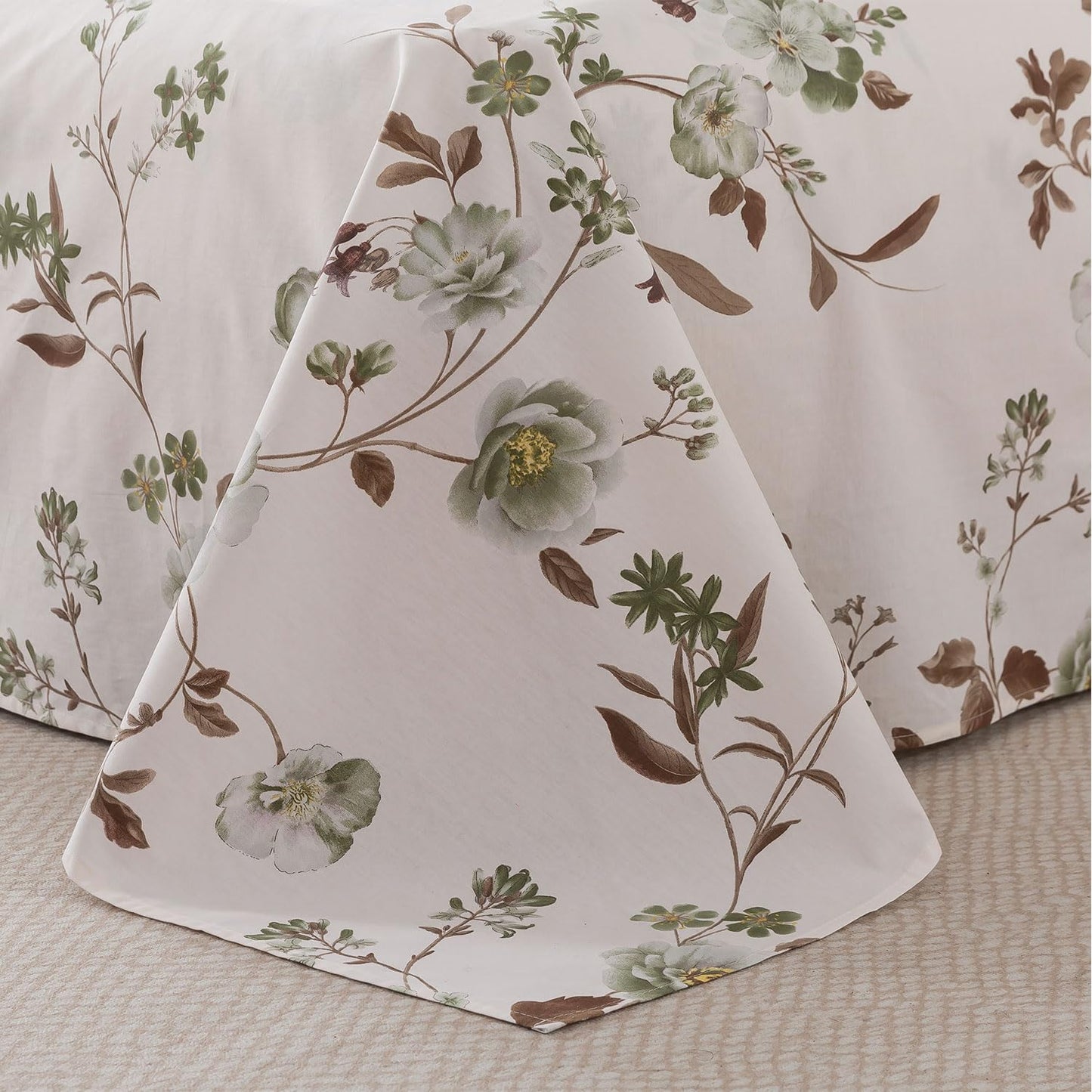 FADFAY Twin Sheets Set Percale Cotton Floral Bed Sheets Deep Pocket Fitted Sheet, Luxury Green Rose Floral Printed Shabby Bedding for All Season, Super Soft Crisp & Cool,4pcs