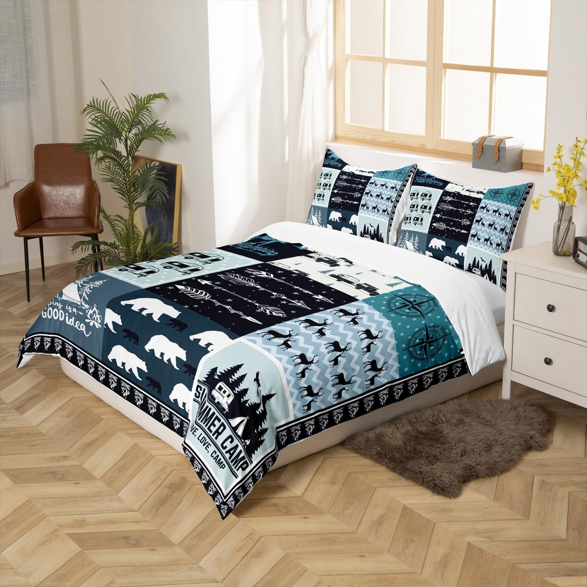 Camping Camper Duvet Cover Set Queen,Classic Lattice Bedding Set 3pcs for Kids Teens Adults Room Decor,Bear Deer Wild Animal Comforter Cover Rustic Farmhouse Blue Quilt Cover with 2 Pillowcases