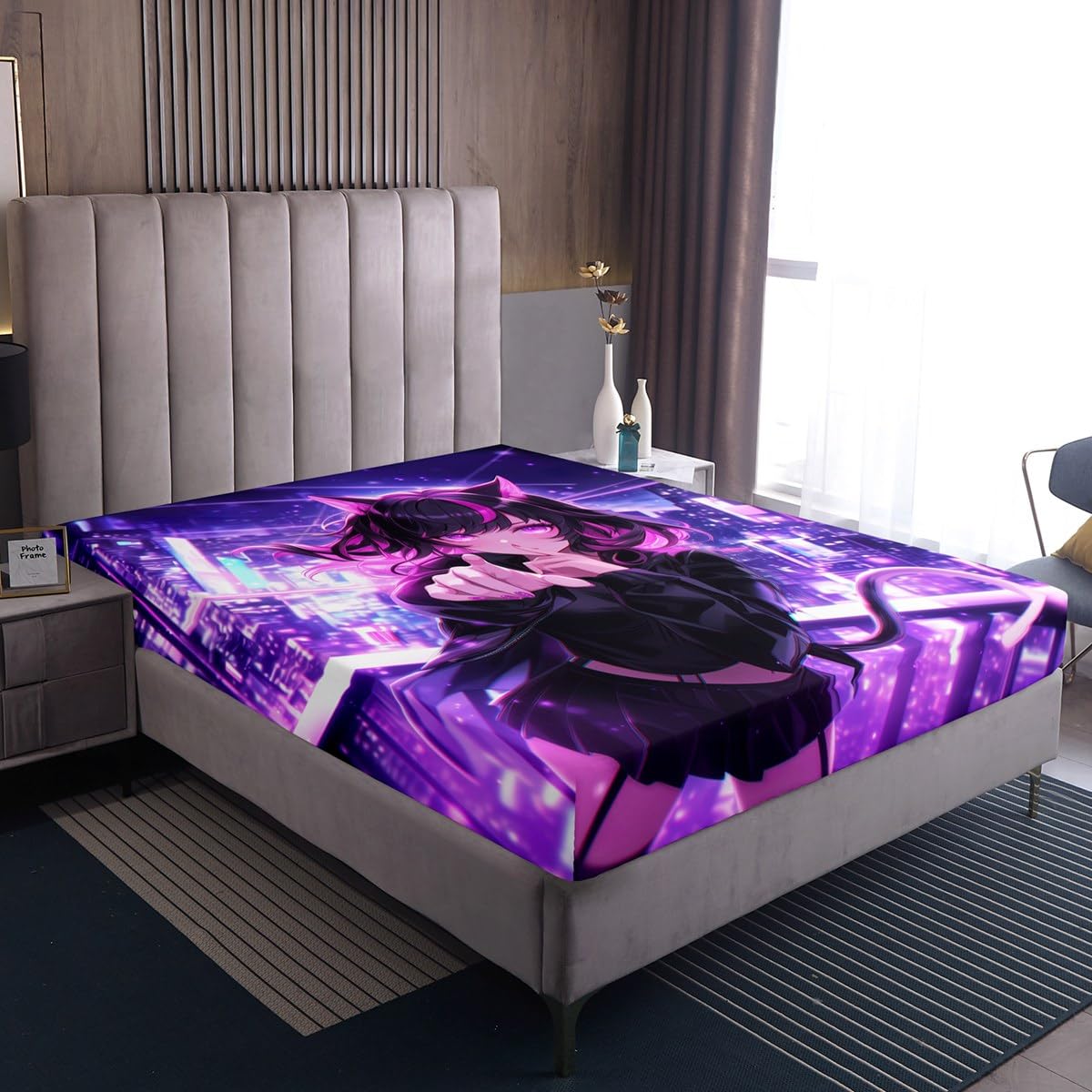 Erosebridal Kids Anime Girl Full Size Bed Sheets, Japanese Anime Fitted Sheet, Cartoon Girl Bedding Set for Boys Teens Bedroom Decor, Kawaii Japanese Animation Bed Set with 2 Pillow Cases
