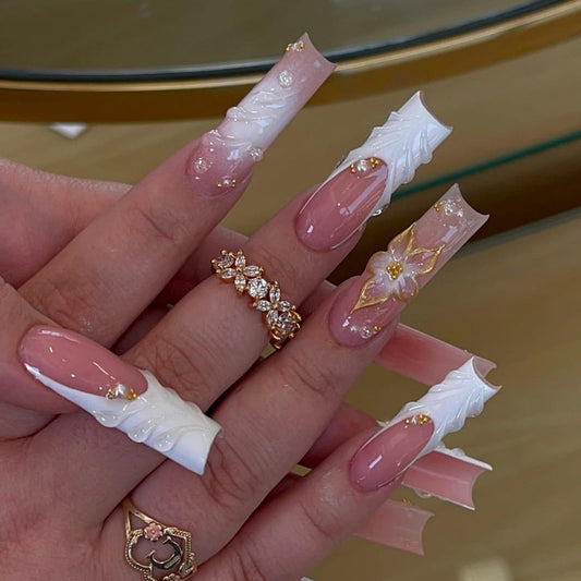 SEENEEY Long Square Press on Nails Pink Fake Nails French Artificial Nail Floral Stick on Nail for Women 24pcs