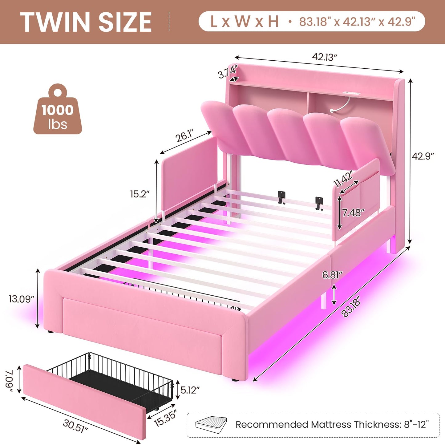 DICTAC Twin Size Princess Bed Frame with Storage Drawer and Safety Guardrails, LED Velvet Upholstered Platform Bed for Girls with Wavy Storage Headboard,Charging Station,Heavy Duty Metal Support, Pink
