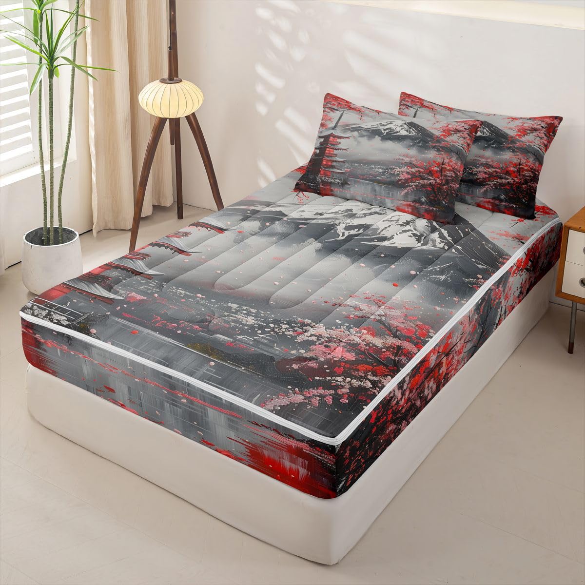Erosebridal Cherry Blossom Zipper Bedding Vintage Japanese Art Twin Bed in a Bag Set for Boys Girls Teen Mount Fuji Pavilions Kids Comforter Set with Fitted Sheet Red Flowers Zip Up Bedding