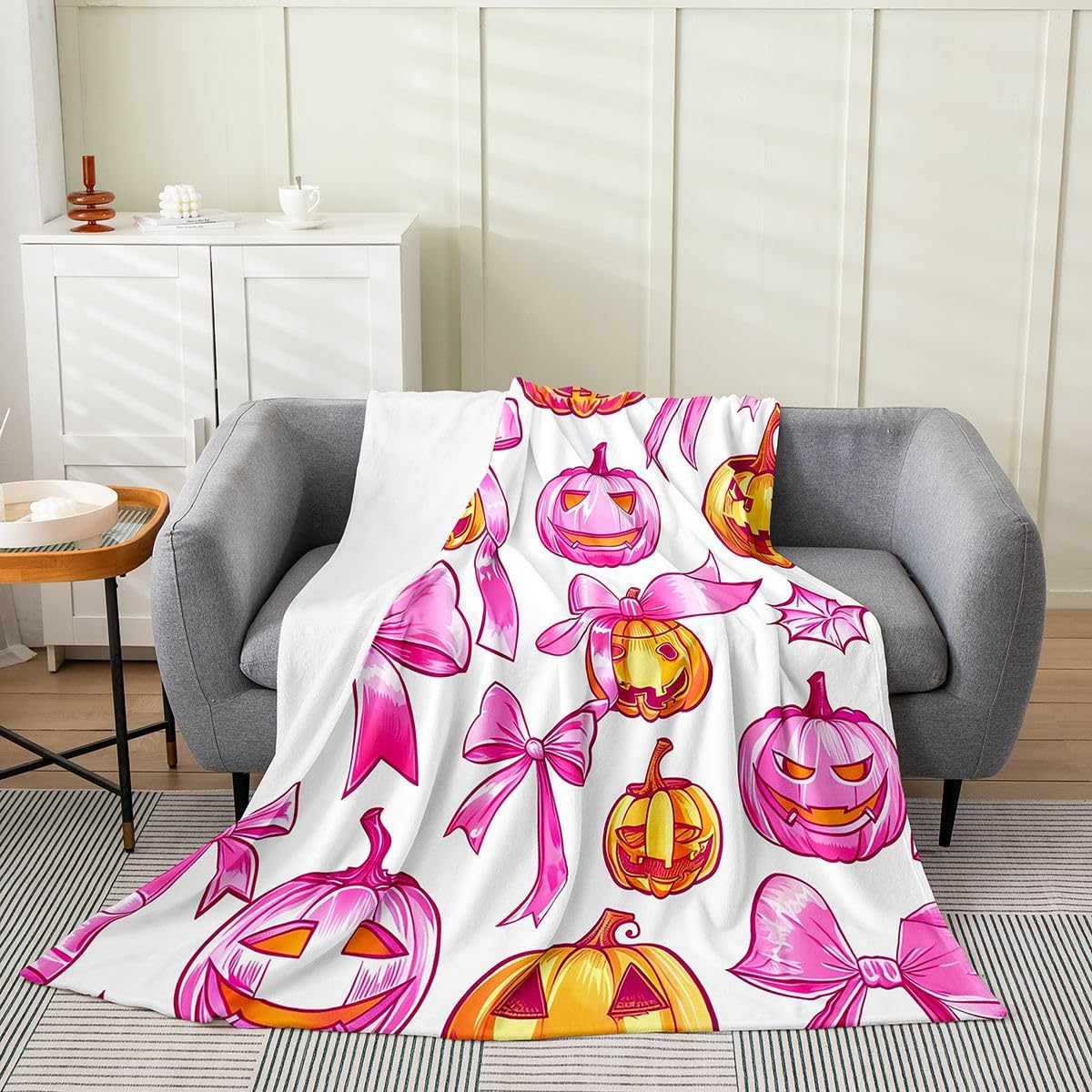 Feelyou Spooky Pumpkin Plush Throw Blanket Halloween Themed Flannel Blanket Throw 50"x60" Bowknot All Season Pink Orange for Couch Bed Sofa Spooky Pumpkin Bedroom Decor
