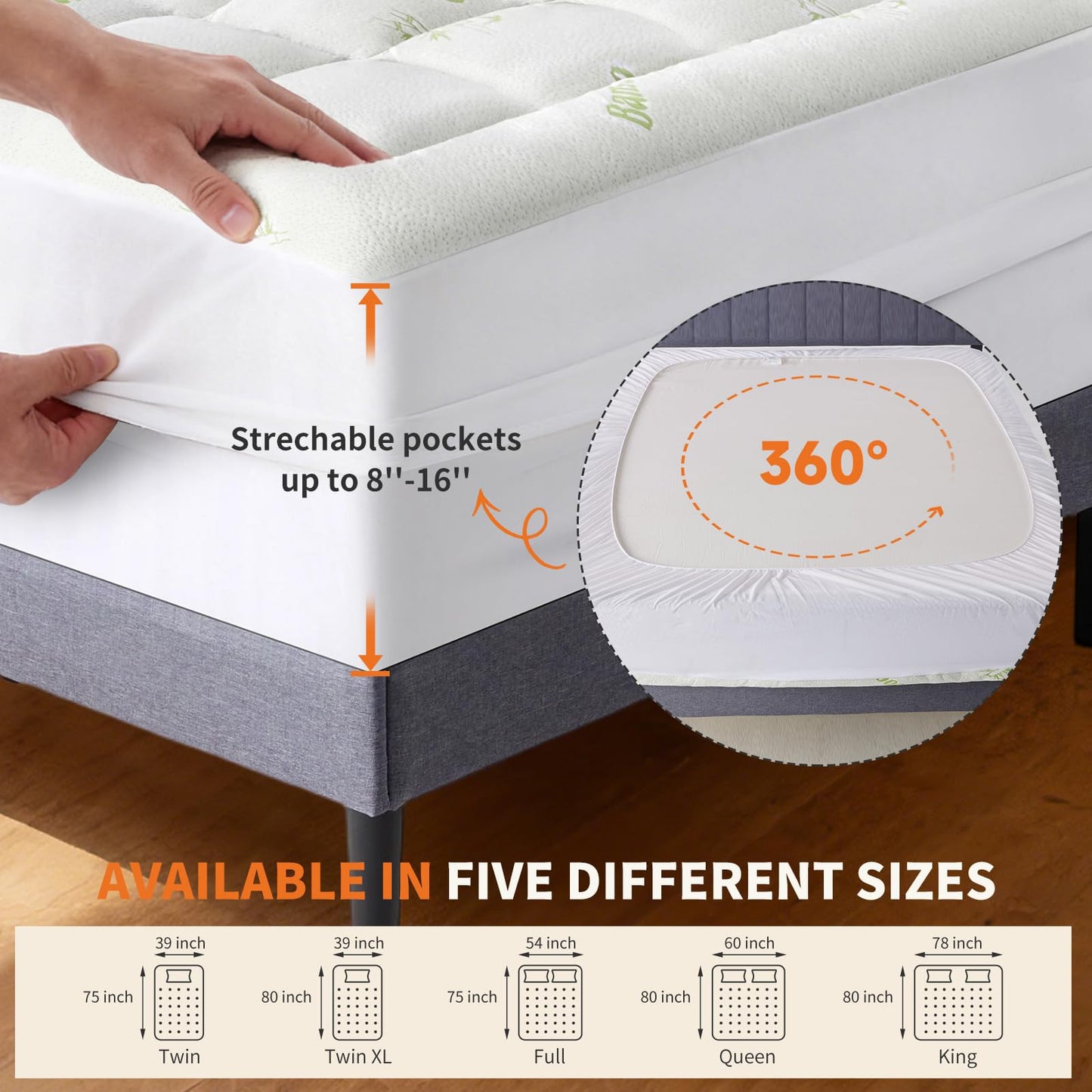 DUMOS Breathable Cooling Topper for Back Pain Relief, Viscose Derived Ultra Soft Pillow Top Mattress Pad with Stretchable Pockets, Full Size Mattress Topper