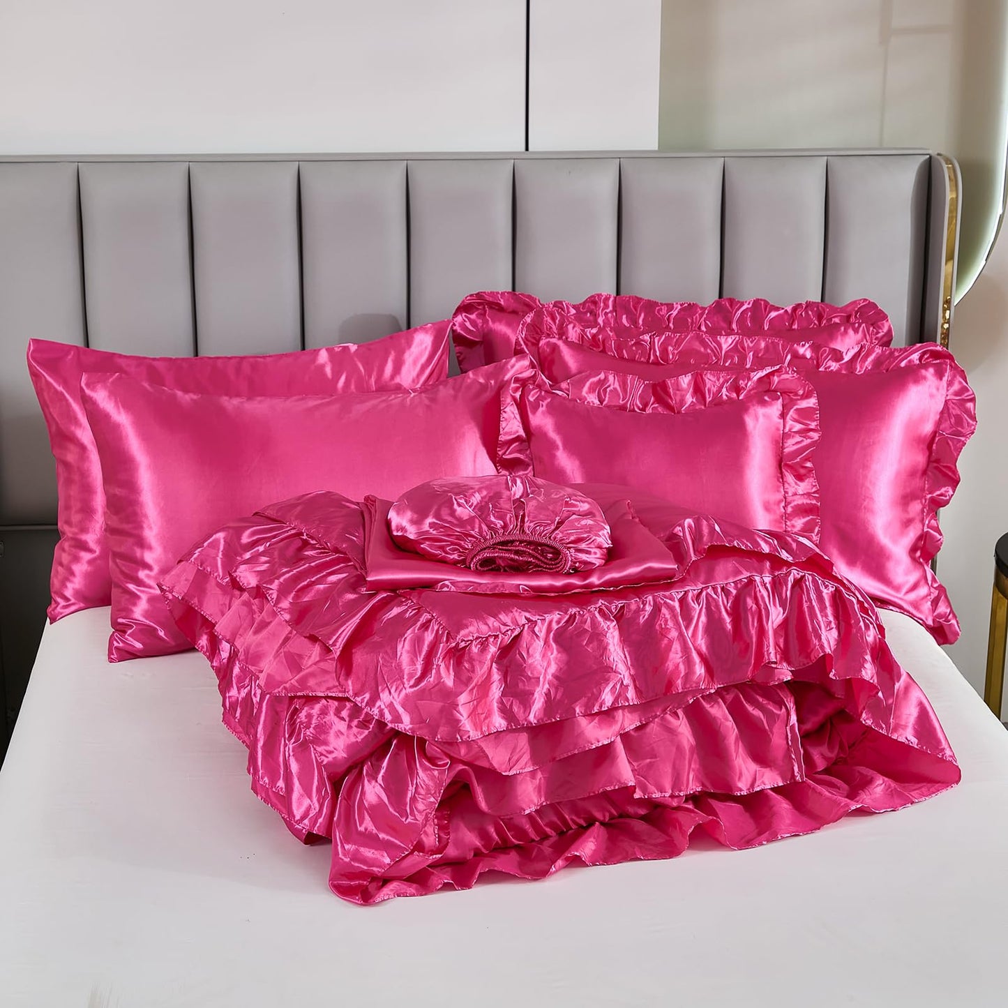 Satin Bed Set King Size,Luxuxy Satin Comforter Set with Sheets,Hot Pink Comforter Set,Silk Like Satin Bedding,8-Piece Ruffle Comforter Bed in a Bag Set, Pink Aesthetic Bedding Set