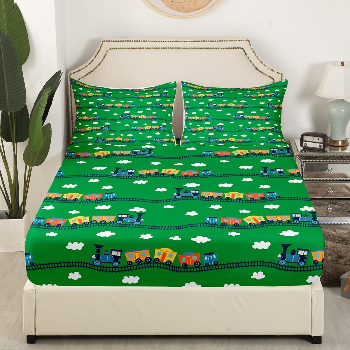 Erosebridal Locomotive Train Sheet Set Queen,Cartoon Steam Engine Truck Sheets for Boys Girls Colorful Railway Car Vehicles Bed Sheets Set with 2 Pillowcases