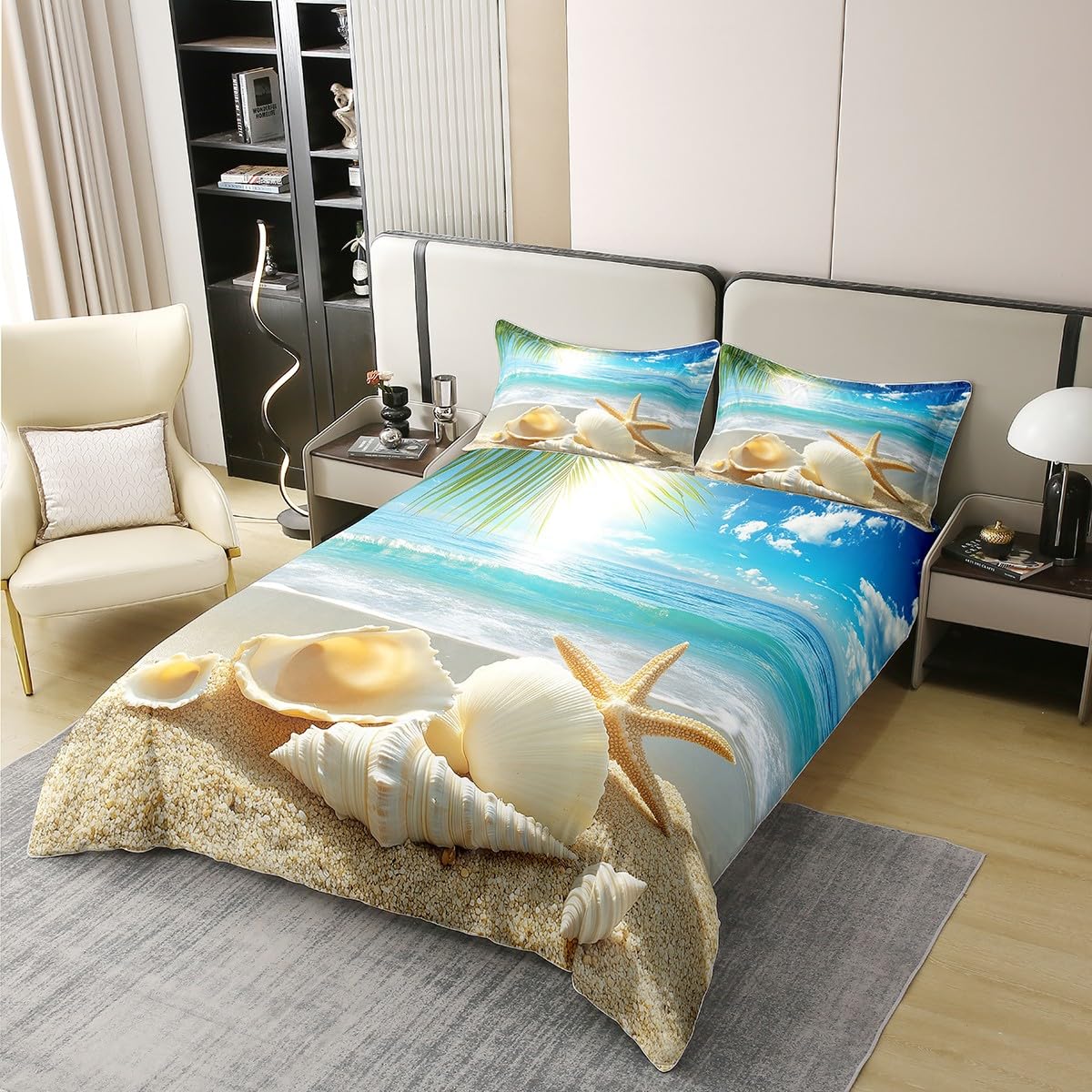 100% Cotton Beach Themed Bedding Sets Twin Blue Ocean Comforter Cover Seashell Starfish Printed Bed Sets Beach Coastal Duvet Cover 1 Duvet Cover 1 Pillowcases for Kids Teens Adults (No Comforter)