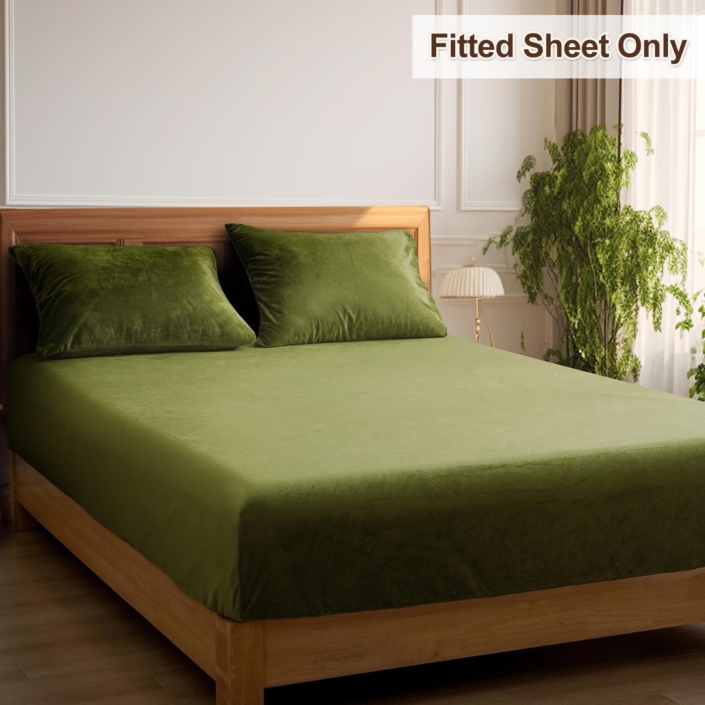 PHF Ultra Soft Velvet Fitted Sheet Queen Size, 16" Deep Pocket with Wider Stronger Elastic Band, Easy Fit Easy Care, 1 Pack Cozy Comfy Flannel Bottom Sheet for All Seasons, No Pillowcases, Olive Green