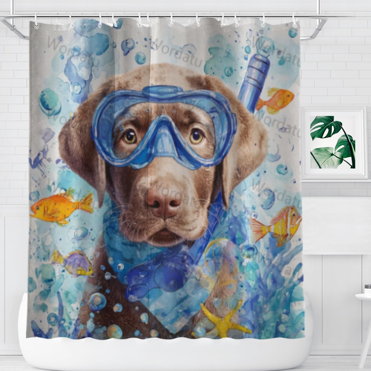 Wordatu Funny Labrador Retriever Shower Curtain Teal Blue Sea Ocean Waterproof Fabric Shower Curtains for Bathroom with Animal Starfish Nautical Bathroom Curtain 72x72 Inches