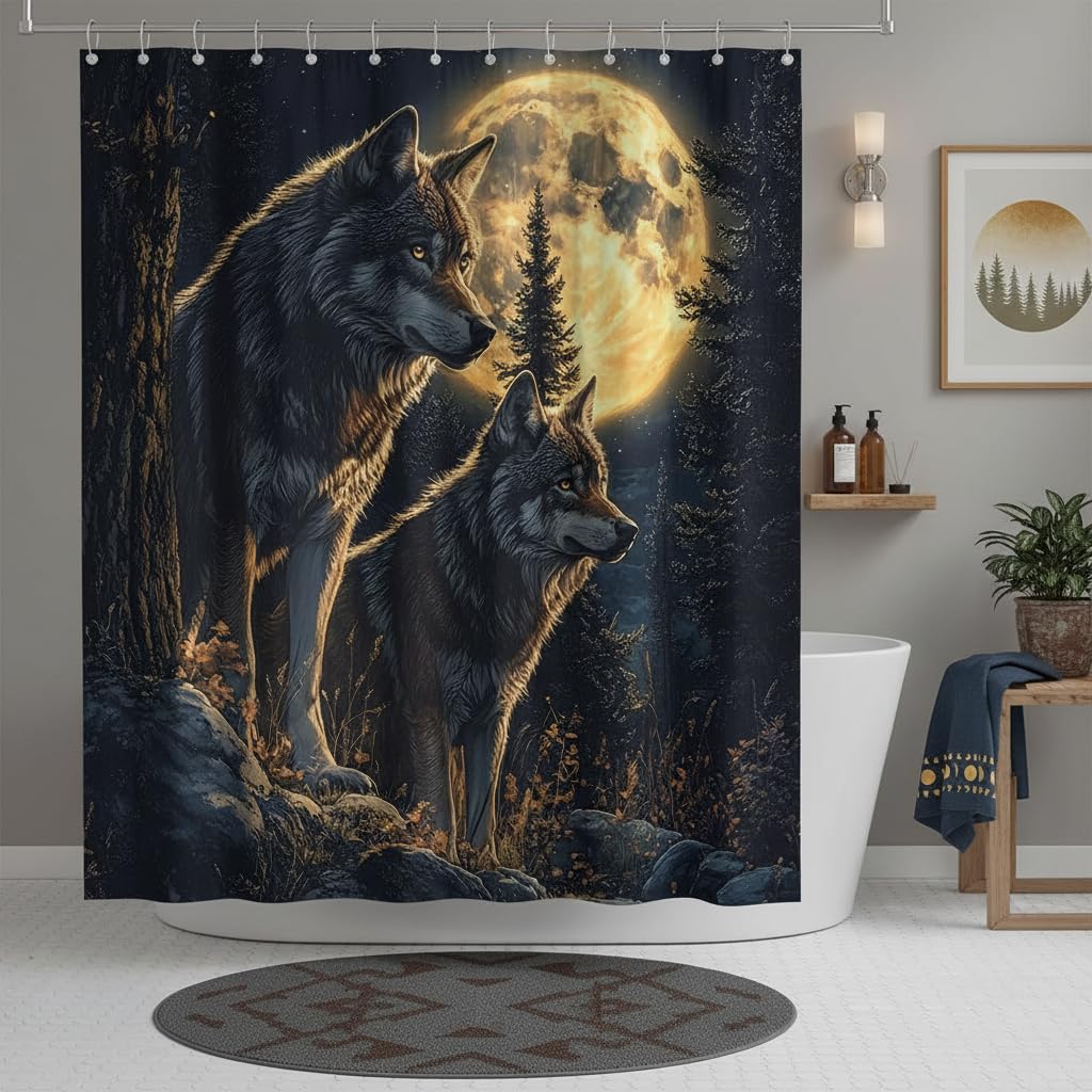 Wolf Shower Curtain Wild Animal Stand Under Super Moon Black Grey Starry Pine Tree Misty Forest Safari Country Hunting Theme Bathroom Polyester Curtains Set with Hooks 70x70 Inch