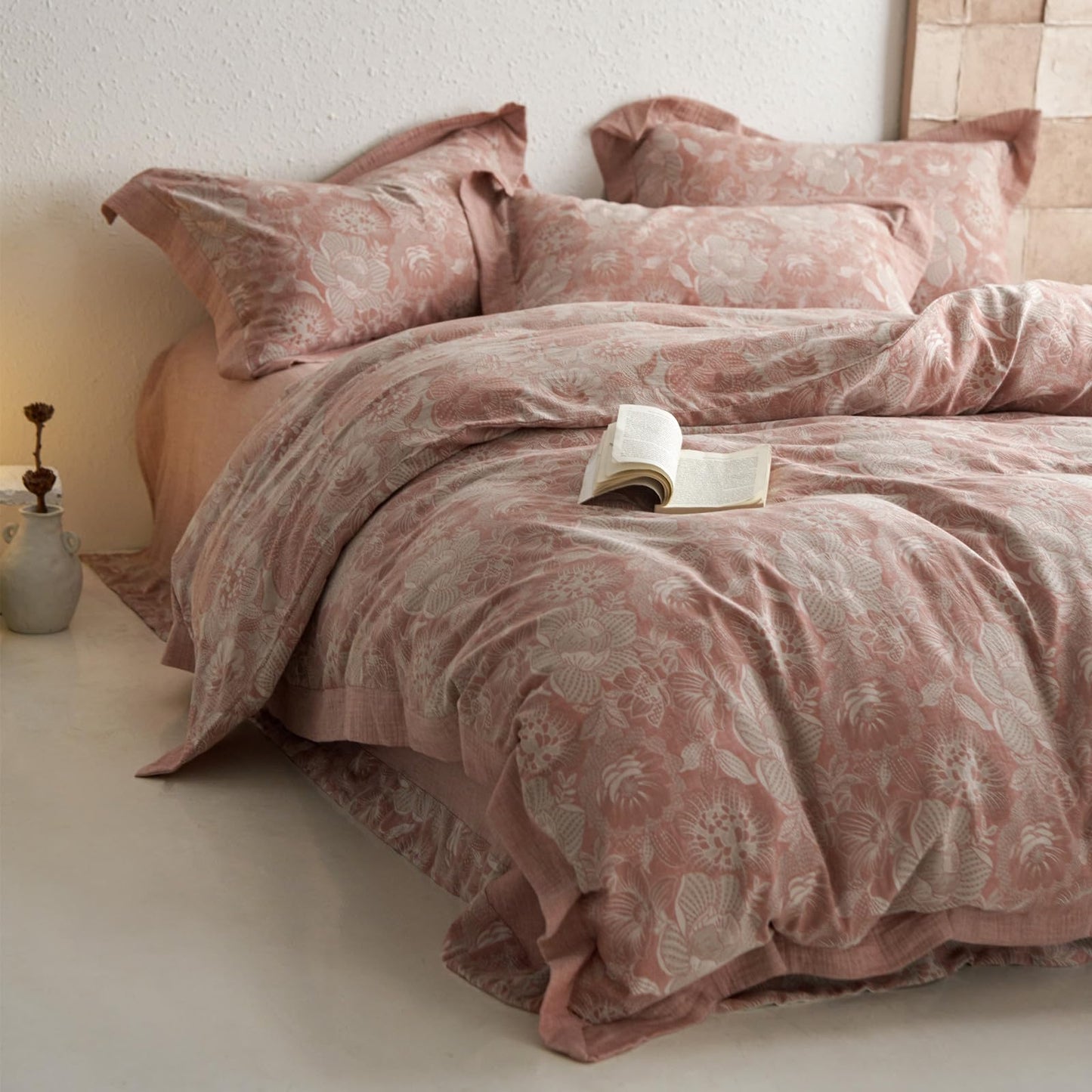 VM VOUGEMARKET Blush Pink Flower Duvet Cover Set Queen,3 Pieces Retro Jacquard Pink Floral Bedding Set,Linen Cotton Yarn-Dyed Textured Duvet Cover with Zipper Closure
