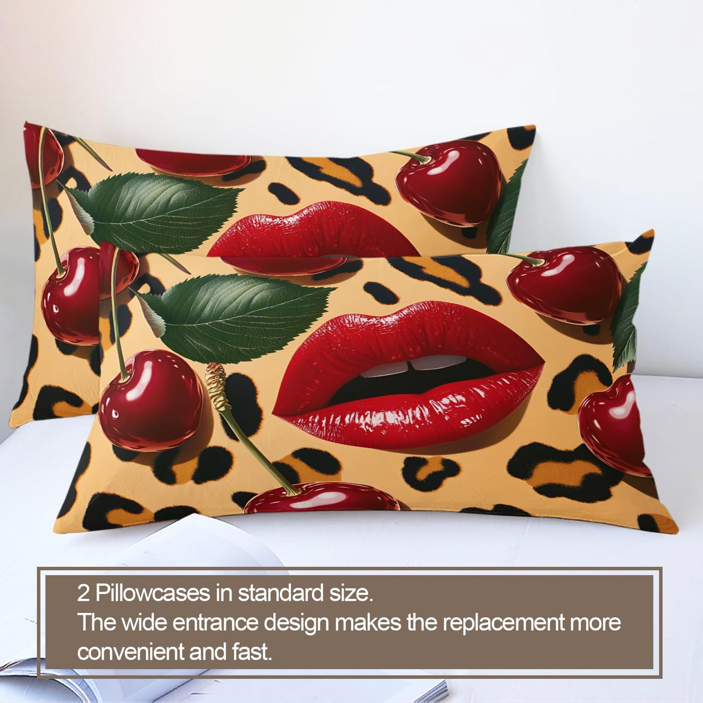 GKPLY Leopard Print Duvet Cover Queen, Pop Art Lips Bedding Set & Home Decor, Retro Fruit Comforter Set, Zipper & Ties, Reversible Print, Fashion Bedding Duvet Cover & 2 Pillow Cases,