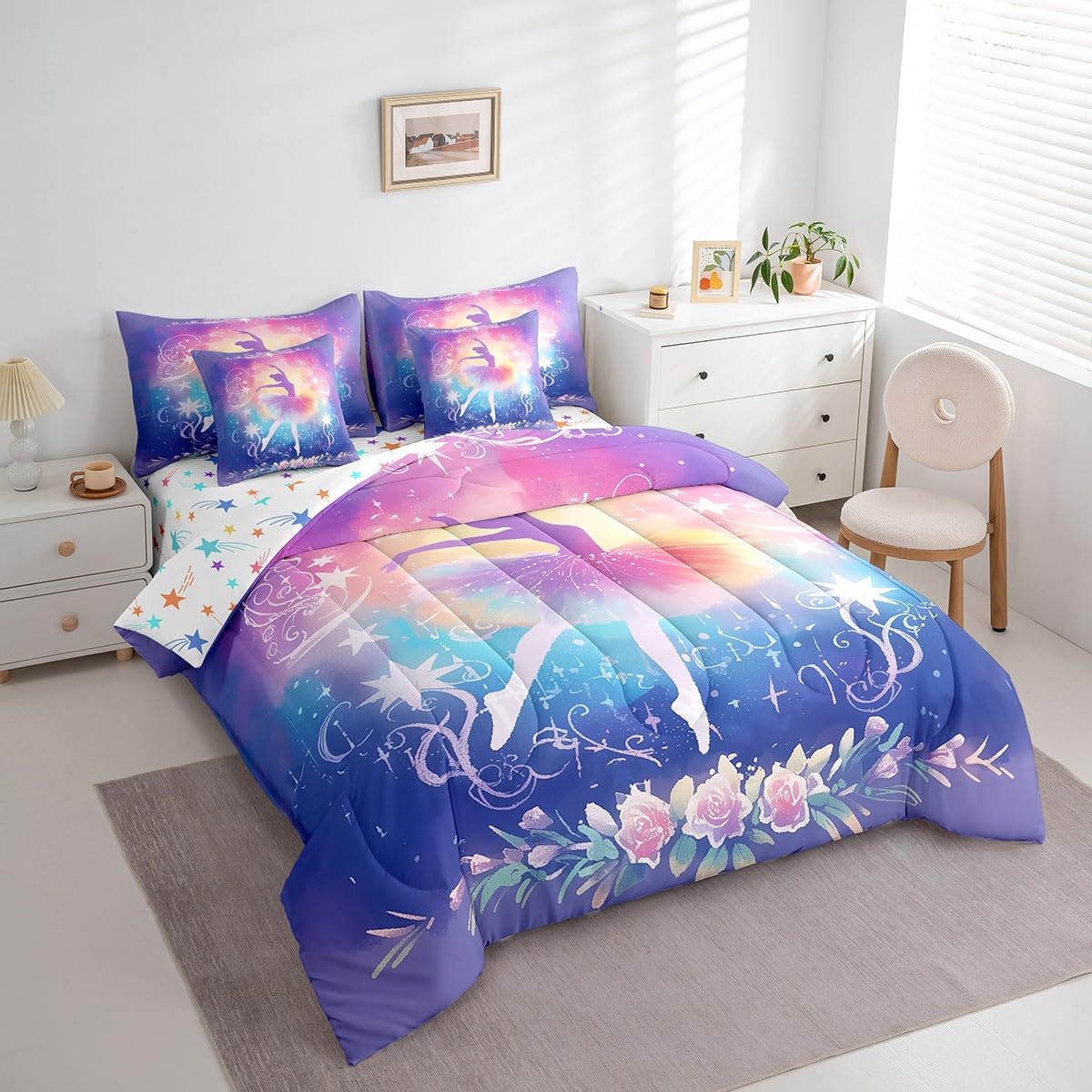 Feelyou Kids Ballet Dancer Comforter Set with Sheets Twin Size, Ballerina 7 Pieces Bedding Set Boys Girls Dreamy Princess Bed in A Bag Dancing Teens Bed Set Bedroom Decor 7Pcs