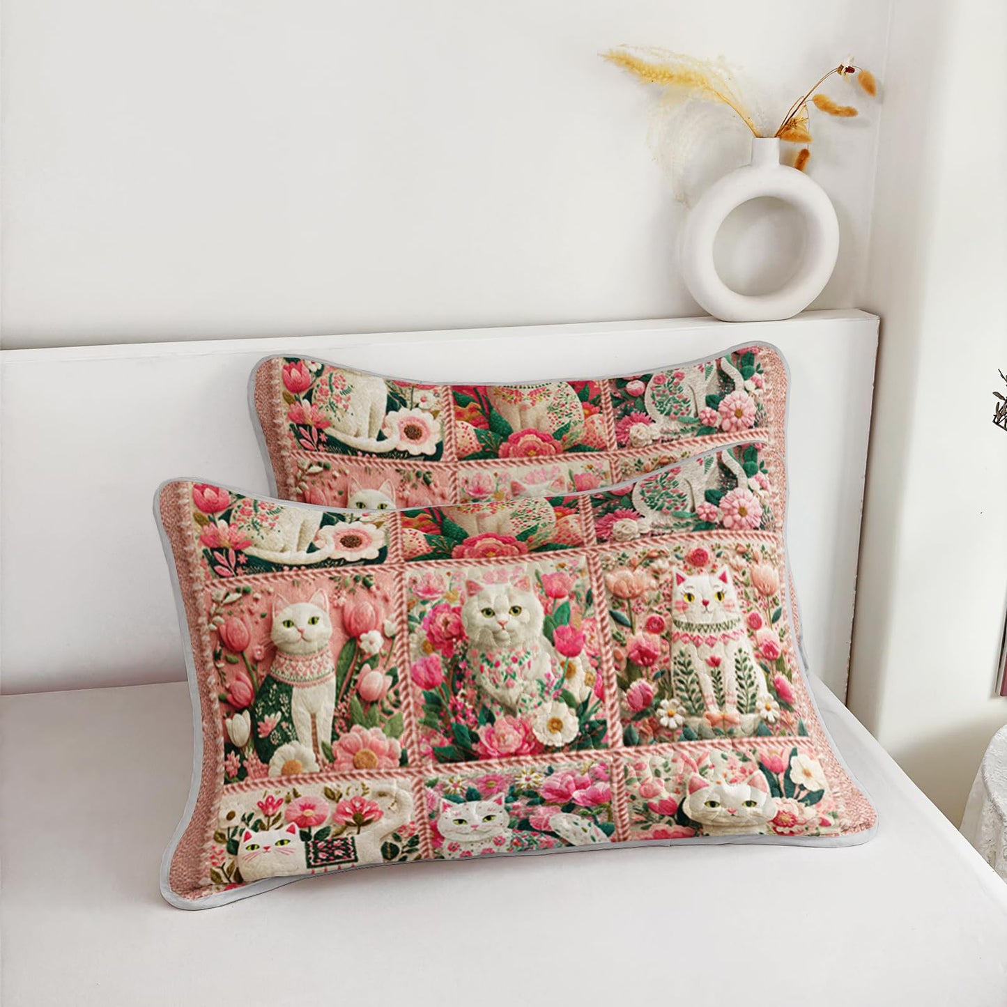 AILONEN Floral Cat Quilted Bedding Set King Size - Pink Cat Bedspread Coverlet,3-Piece Printed Bedding for Kids Girls Room Decor,Soft Microfiber Quilt,2 Pillowcases