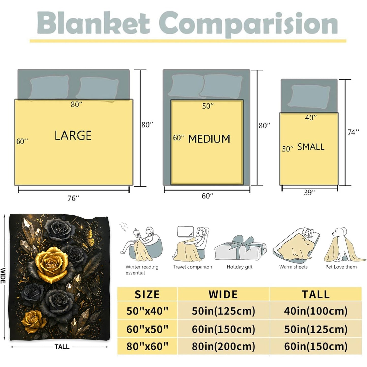 WKEDIN Gothic Black and Gold Rose Blanket,50x60in,Cozy Flannel Throw with Elegant Dark Floral Crystals and Butterfly Design,Soft Lightweight Gifts Blankets for Girls Women,Sofa Bed Travel Decor