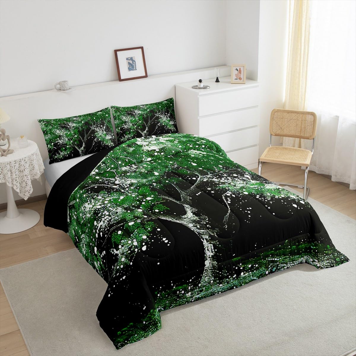 Manfei Green Tree Comforter Set for Kids,Abstract Nature Grass Bedding Set Teens Boys Room Decor,Tree Painting Print Comforter with 1 Pillowcase for All Seasons,Twin