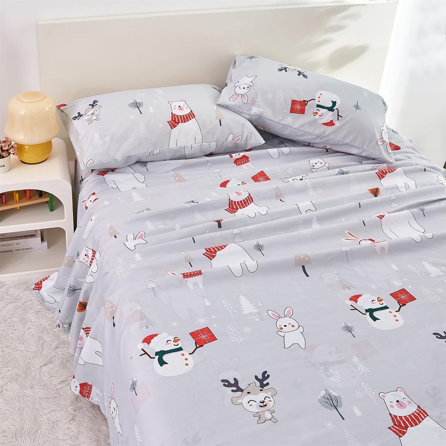 Yibeizi Kids Bear Snowmen Reindeer Bunny Printed Sheet Set Twin Size for Boys Girls, Cute Christmas Winter Microfiber Bedsheets Deep Pocket Bed Sheet & Pillowcase Sets 3 Pieces