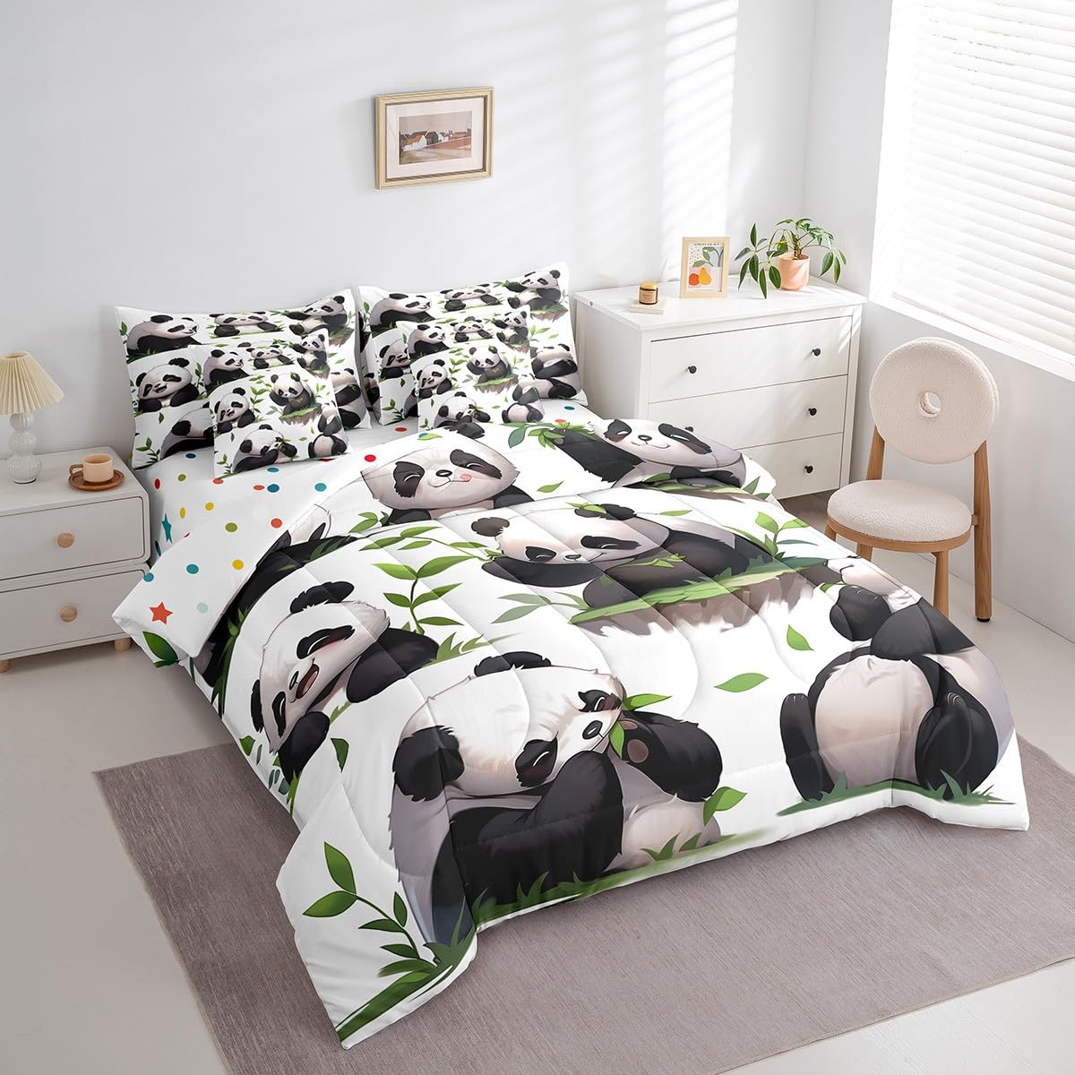 Erosebridal Kawaii Panda Bedding Set King Size, Lovely Animal Theme Comforter Set, Wildlife Cute Panda Kids Teens (Comforter+Fitted+Flat Sheet+2 Pillowcases+2 Throw Pillow Covers) 7 Pieces Bed Set